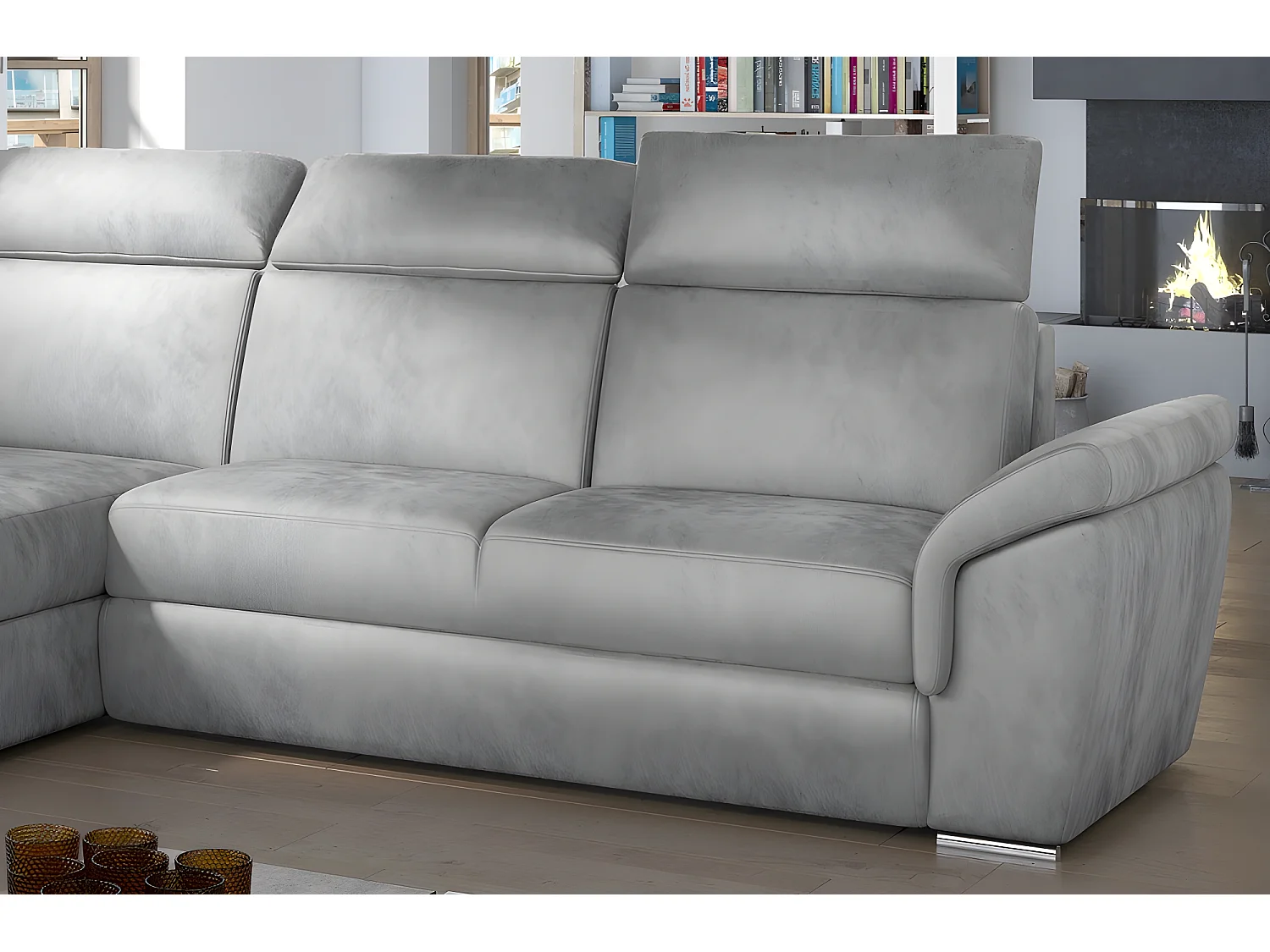 Canapé d'angle convertible en tissu velours Prestige, gris, 5 places, angle gauche (vu de face) - TRESOR