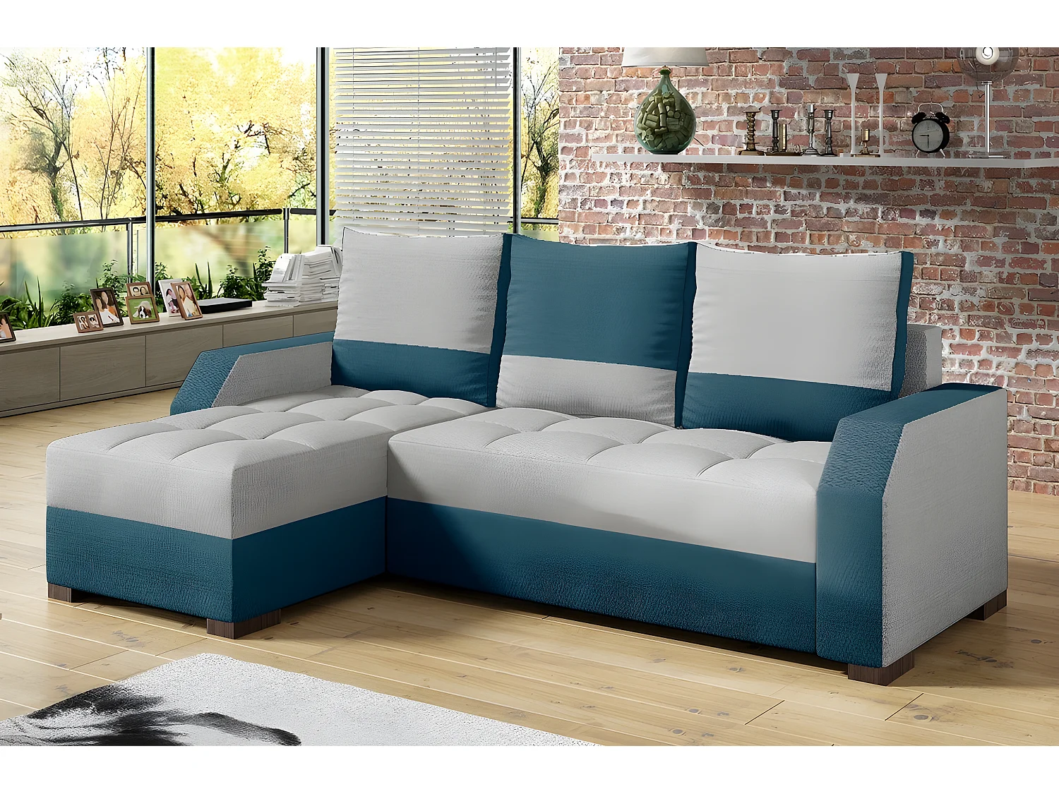 Canapé d'angle convertible - ARTE - en tissu de qualité - gris et turquoise , 3/4 places, angle gauche (vu de face)