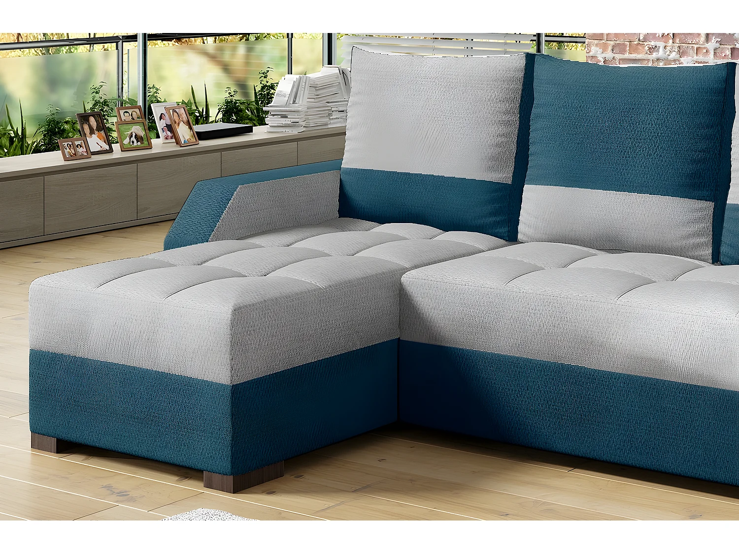 Canapé d'angle convertible - ARTE - en tissu de qualité - gris et turquoise , 3/4 places, angle gauche (vu de face)