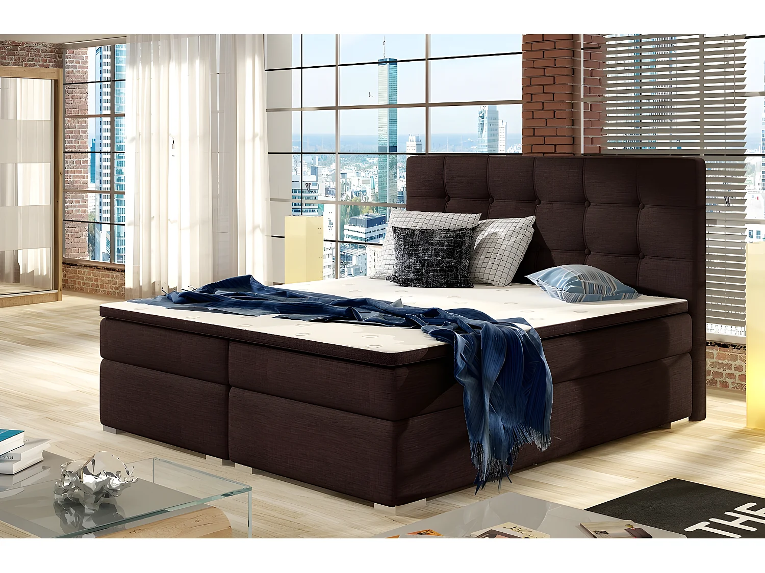 Ensemble boxspring complet tête de lit + sommiers + matelas + surmatelas INAYA de VENESETTI - tissu luxe chocolat - 140x200 cm