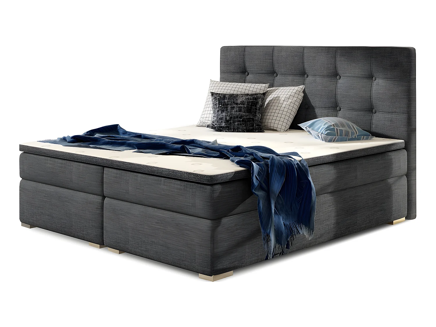 Ensemble boxspring complet tête de lit + sommiers + matelas + surmatelas INAYA de VENESETTI - tissu luxe gris foncé - 180x200 cm