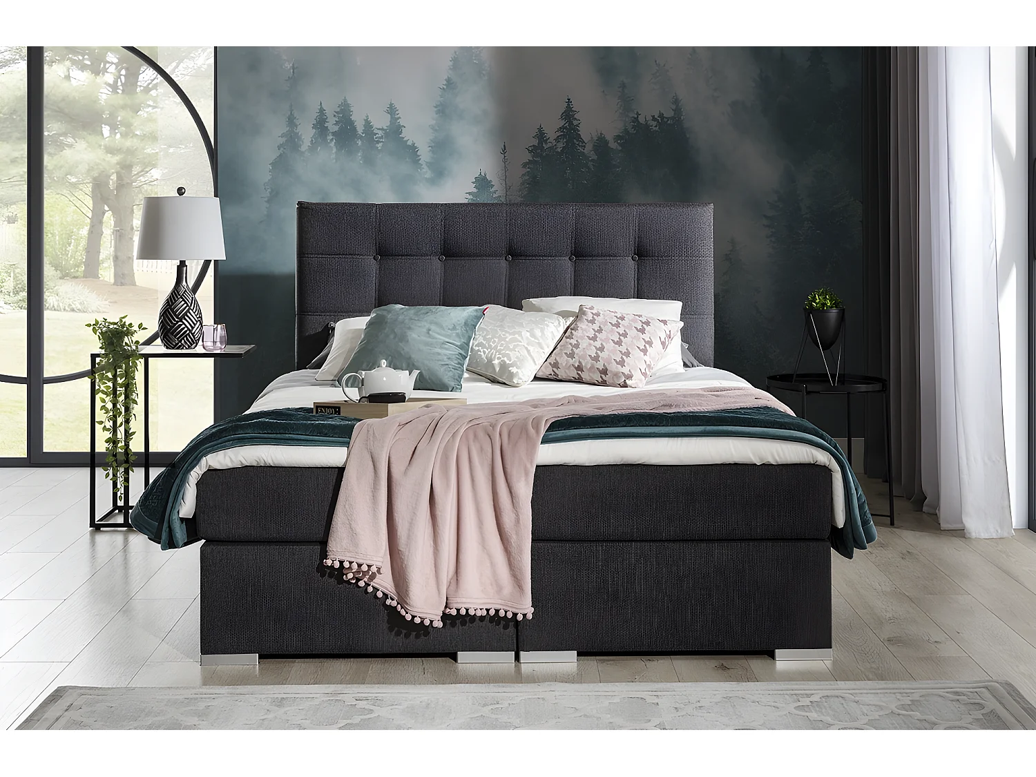 Ensemble boxspring complet tête de lit + sommiers + matelas + surmatelas INAYA de VENESETTI - tissu luxe gris foncé - 180x200 cm