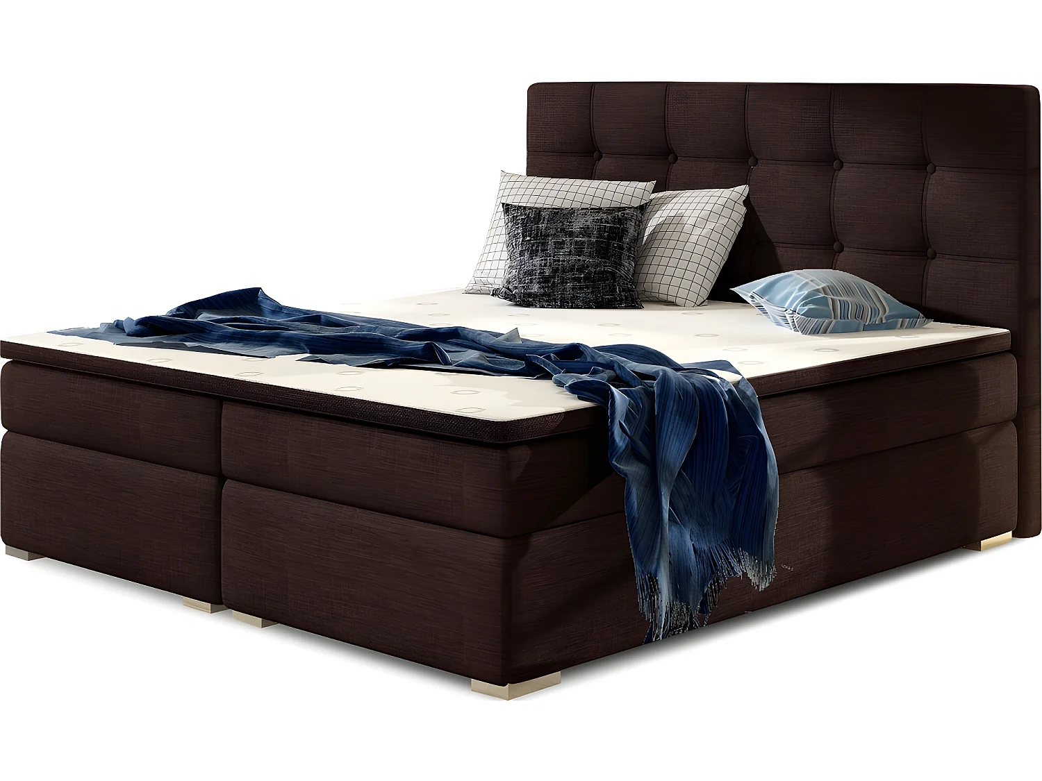 Ensemble boxspring complet tête de lit + sommiers + matelas + surmatelas INAYA de VENESETTI - tissu luxe chocolat - 180x200 cm