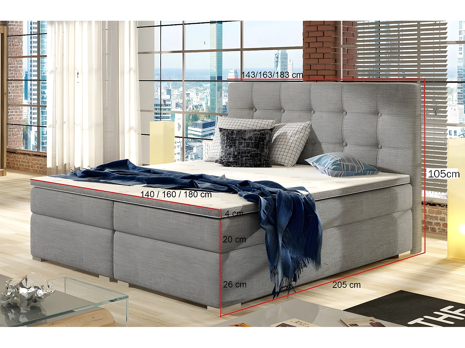Ensemble boxspring complet tête de lit + sommiers + matelas + surmatelas INAYA de VENESETTI - tissu luxe gris - 160x200 cm