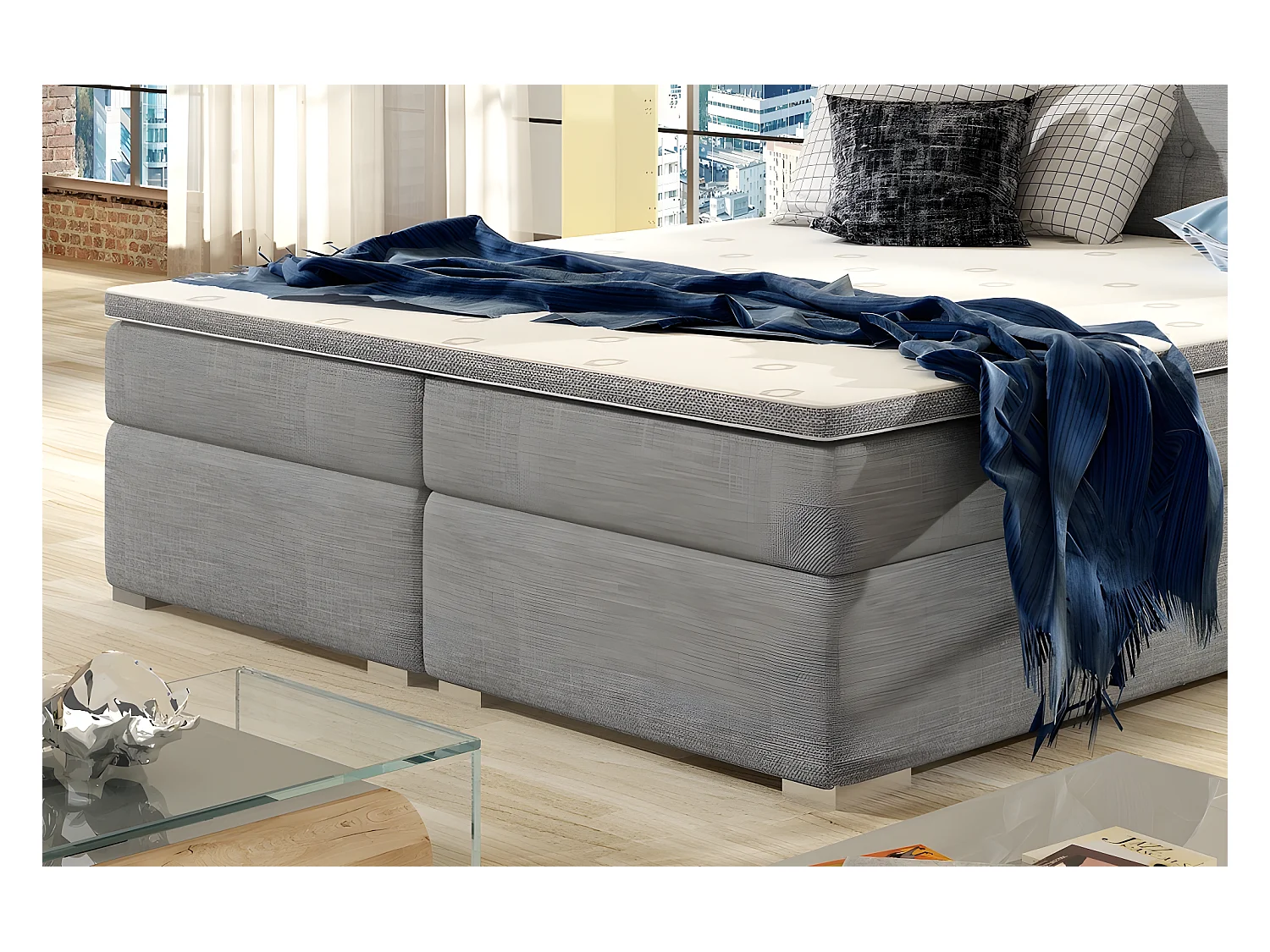 Ensemble boxspring complet tête de lit + sommiers + matelas + surmatelas INAYA de VENESETTI - tissu luxe gris - 160x200 cm