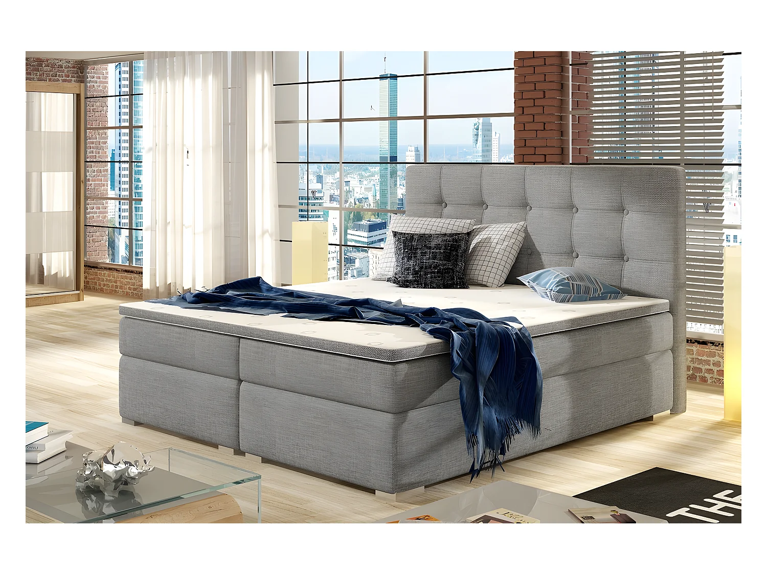 Ensemble boxspring complet tête de lit + sommiers + matelas + surmatelas INAYA de VENESETTI - tissu luxe gris - 160x200 cm