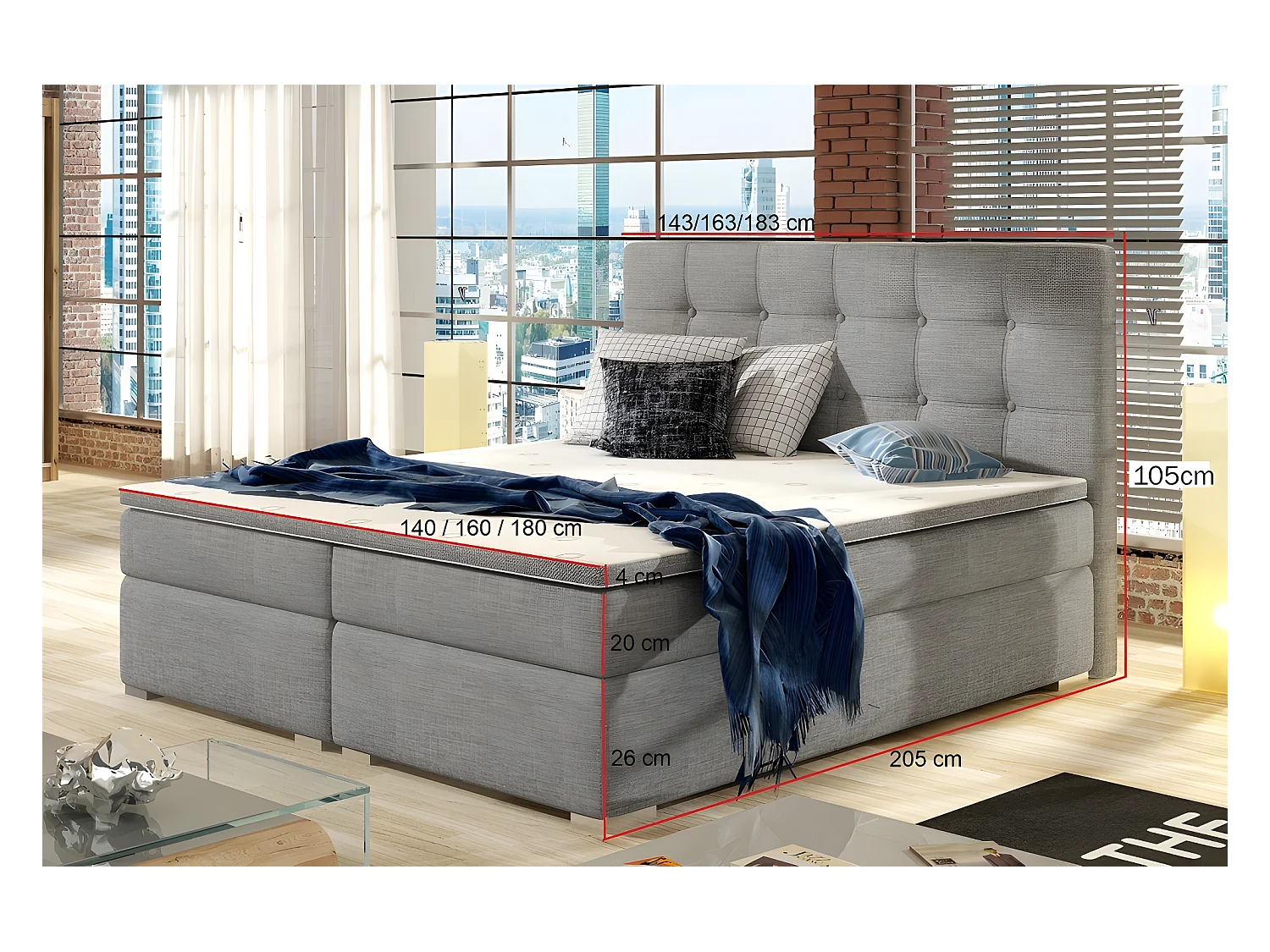 Ensemble boxspring complet tête de lit + sommiers + matelas + surmatelas INAYA de VENESETTI - tissu luxe gris - 160x200 cm