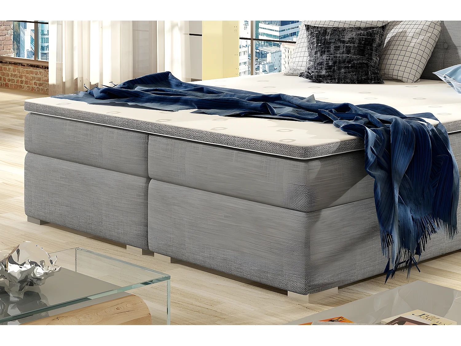 Ensemble boxspring complet tête de lit + sommiers + matelas + surmatelas INAYA de VENESETTI - tissu luxe gris - 160x200 cm