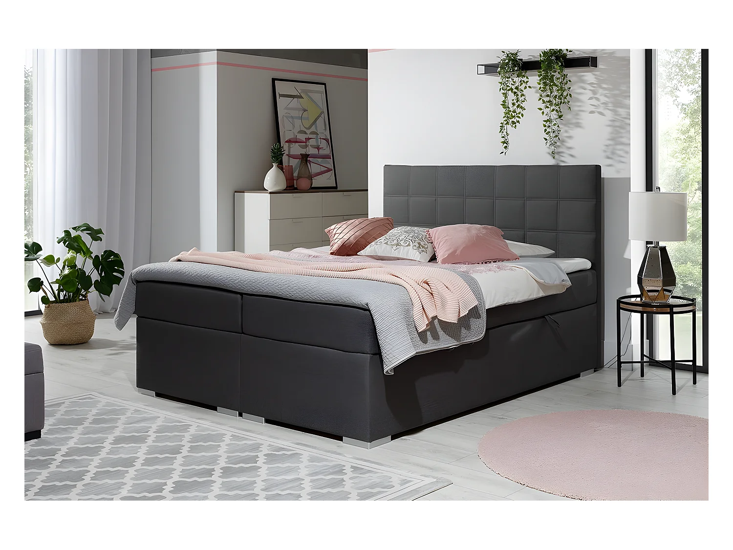Ensemble boxspring complet tête de lit + sommiers + matelas + surmatelas ALVEN - tissu luxe gris foncé - 180x200 cm