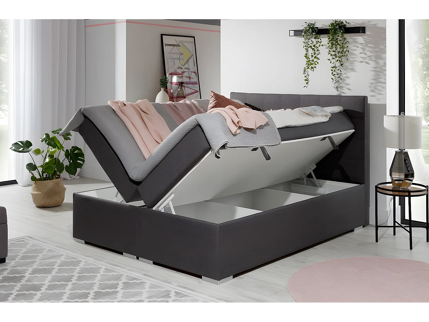 Ensemble boxspring complet tête de lit + sommiers + matelas + surmatelas ALVEN - tissu luxe gris foncé - 180x200 cm