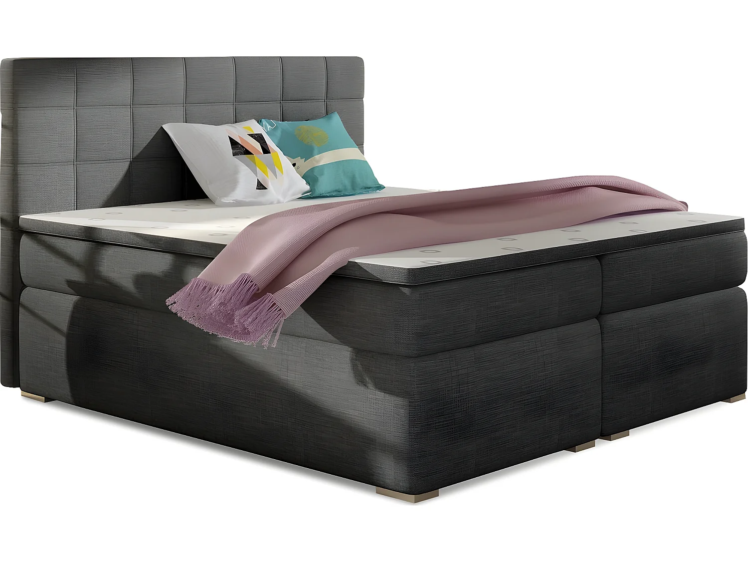 Ensemble boxspring complet tête de lit + sommiers + matelas + surmatelas ALVEN - tissu luxe gris foncé - 180x200 cm