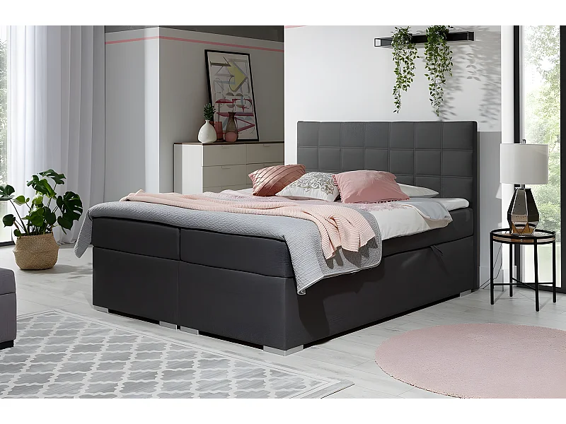 Ensemble boxspring complet tête de lit + sommiers + matelas + surmatelas ALVEN - tissu luxe gris foncé - 180x200 cm