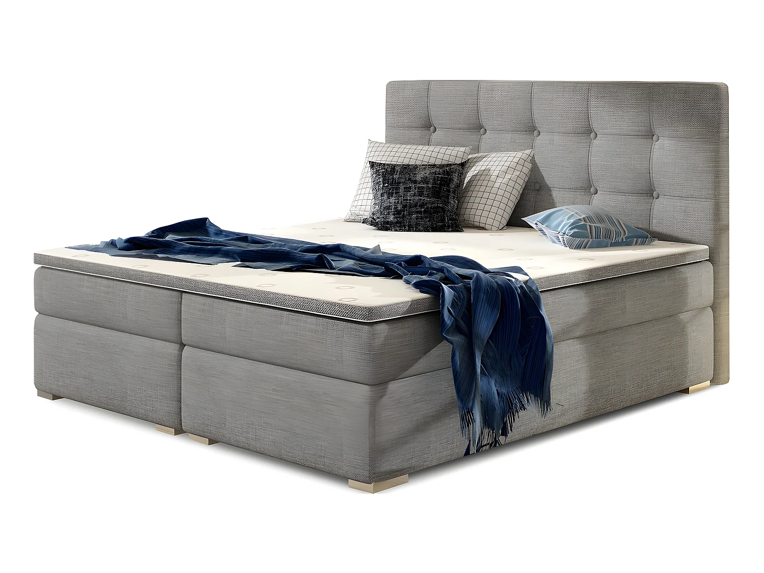 Ensemble boxspring complet tête de lit + sommiers + matelas + surmatelas INAYA de VENESETTI - tissu luxe gris - 140x200 cm