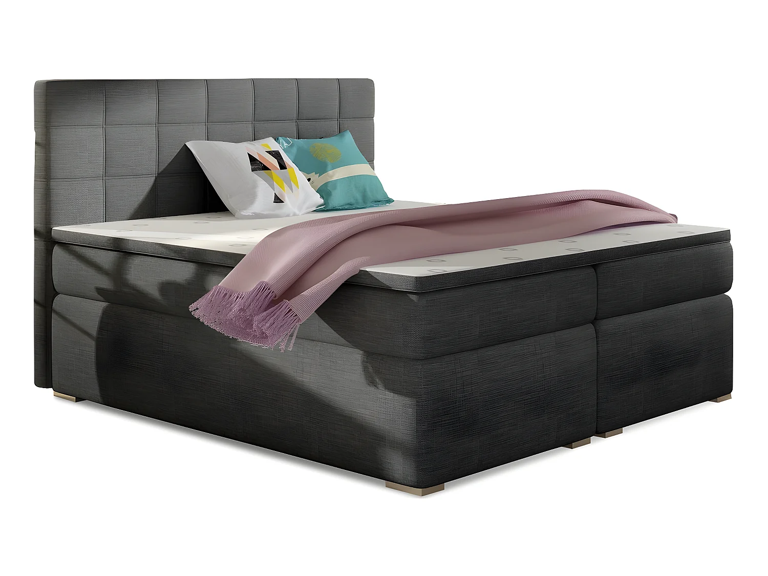 Ensemble boxspring complet tête de lit + sommiers + matelas + surmatelas ALVEN - tissu luxe gris foncé - 160x200 cm