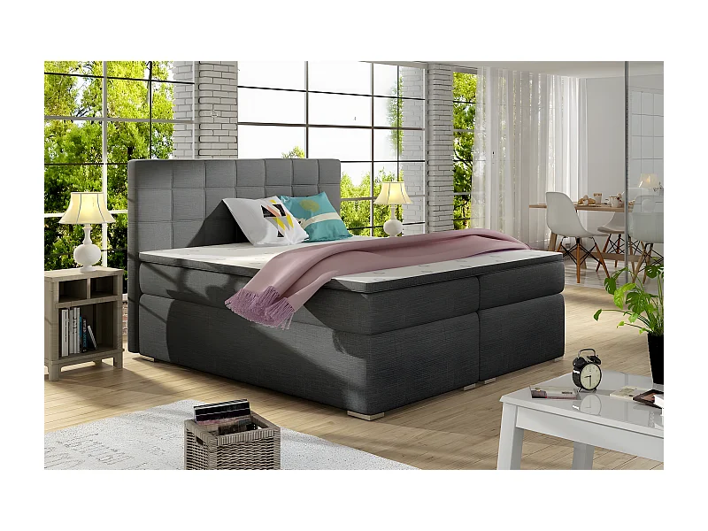 Ensemble boxspring complet tête de lit + sommiers + matelas + surmatelas ALVEN - tissu luxe gris foncé - 140x200 cm