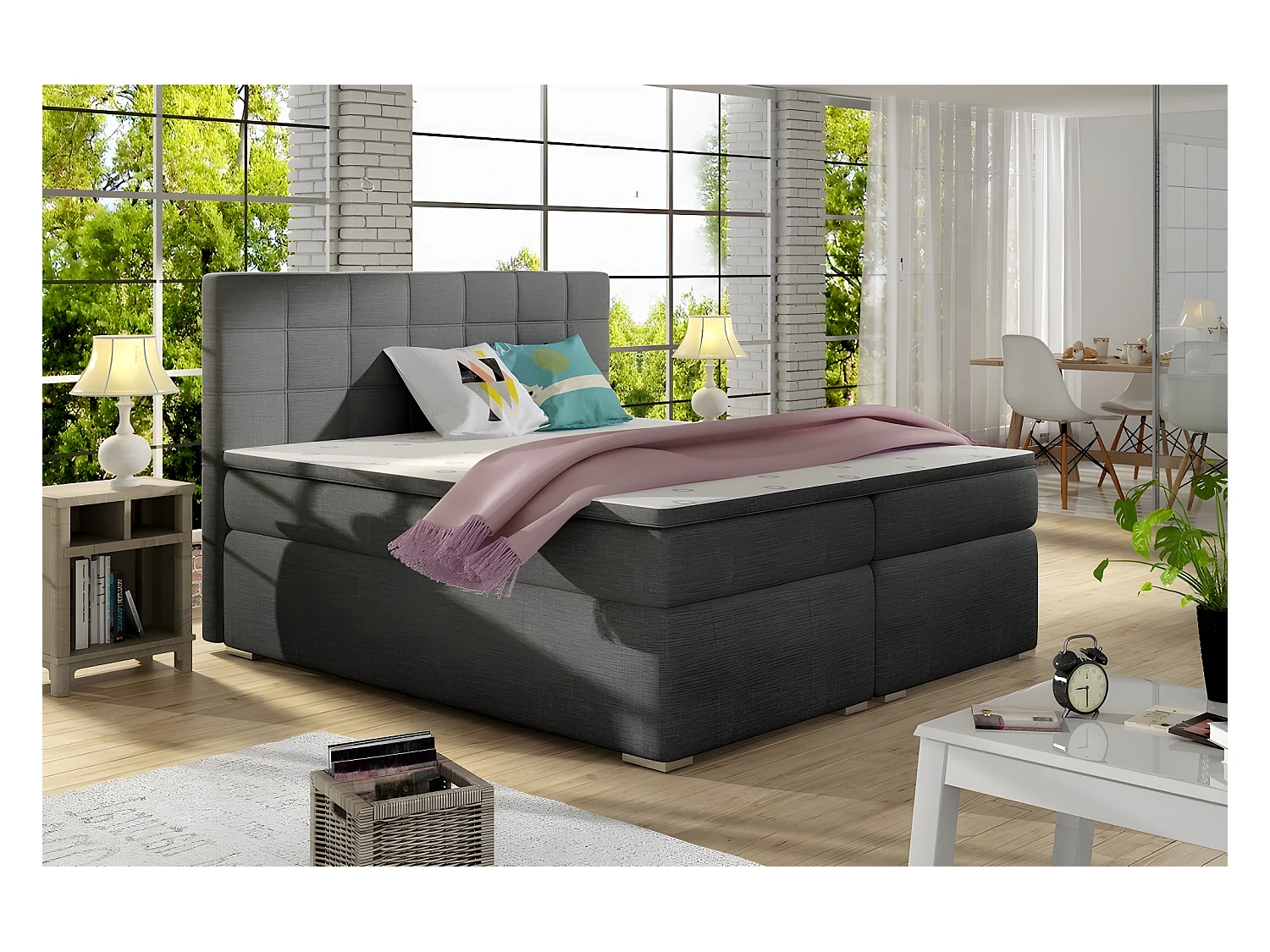 Ensemble boxspring complet tête de lit + sommiers + matelas + surmatelas ALVEN - tissu luxe gris foncé - 140x200 cm