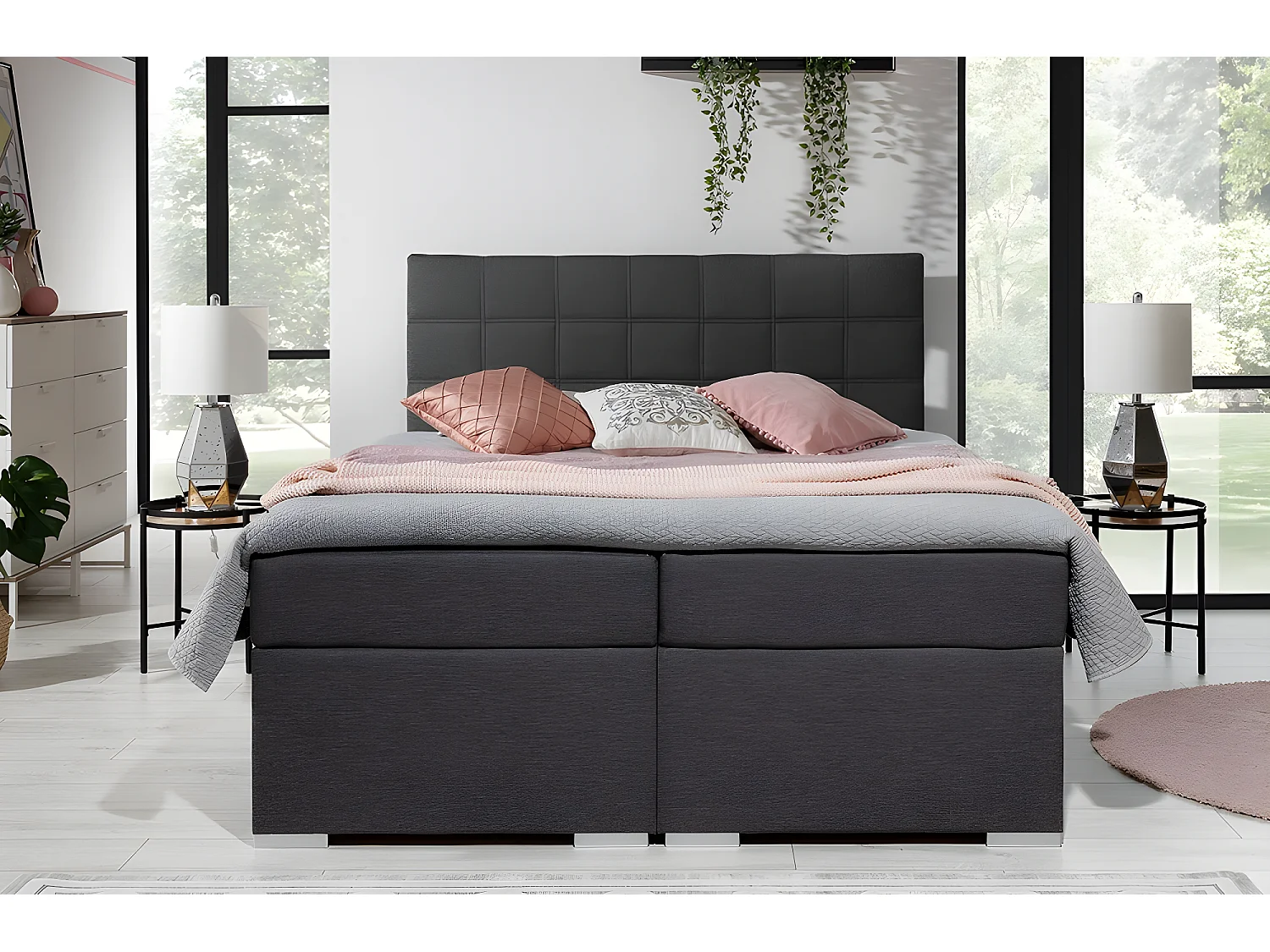 Ensemble boxspring complet tête de lit + sommiers + matelas + surmatelas ALVEN - tissu luxe gris foncé - 140x200 cm