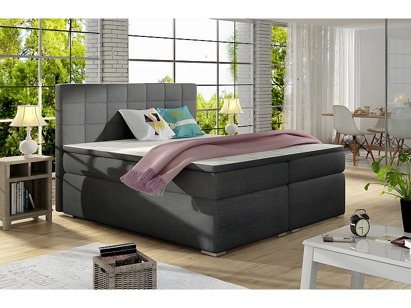 Ensemble boxspring complet tête de lit + sommiers + matelas + surmatelas ALVEN - tissu luxe gris foncé - 140x200 cm