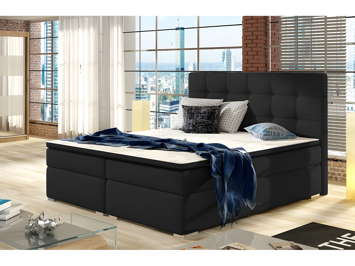 Ensemble boxspring complet tête de lit + sommiers + matelas + surmatelas INAYA de VENESETTI - tissu luxe noir - 180x200 cm