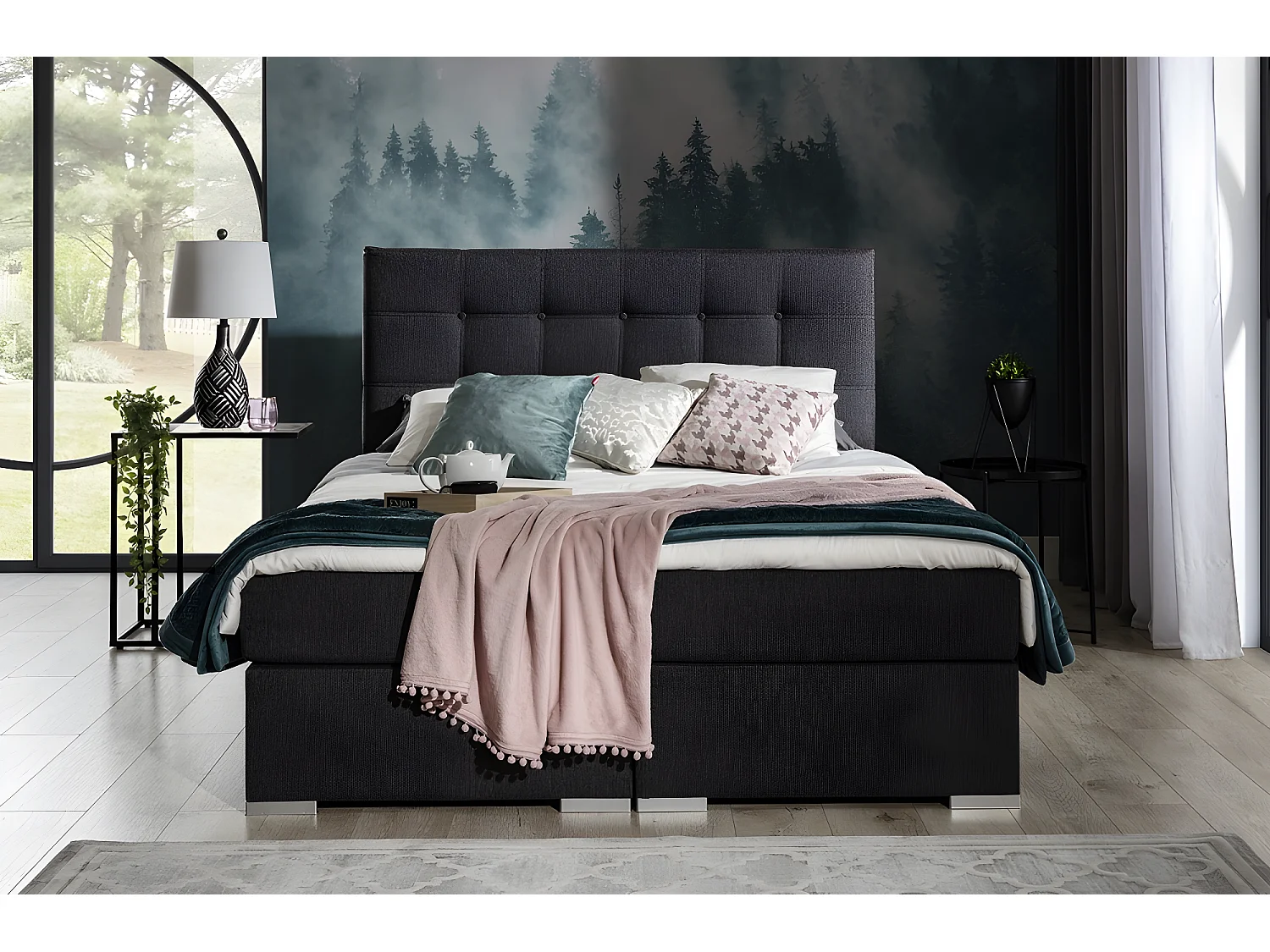 Ensemble boxspring complet tête de lit + sommiers + matelas + surmatelas INAYA de VENESETTI - tissu luxe noir - 180x200 cm
