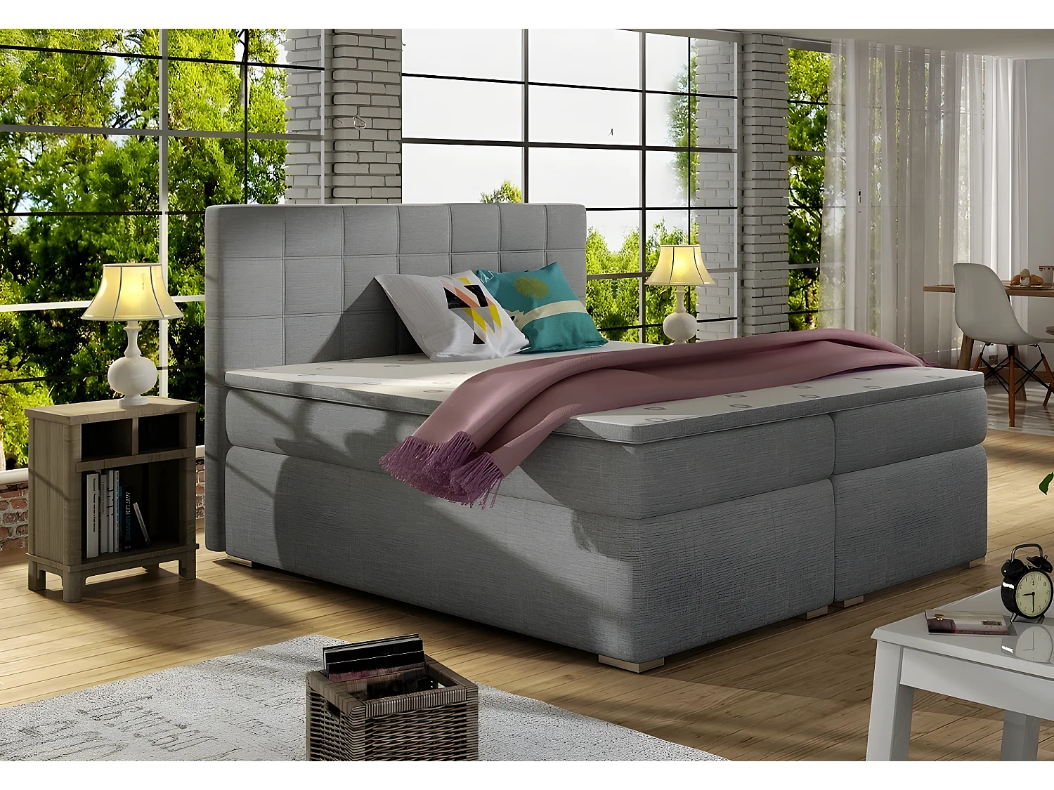 Ensemble boxspring complet tête de lit + sommiers + matelas + surmatelas ALVEN - tissu luxe gris - 160x200 cm