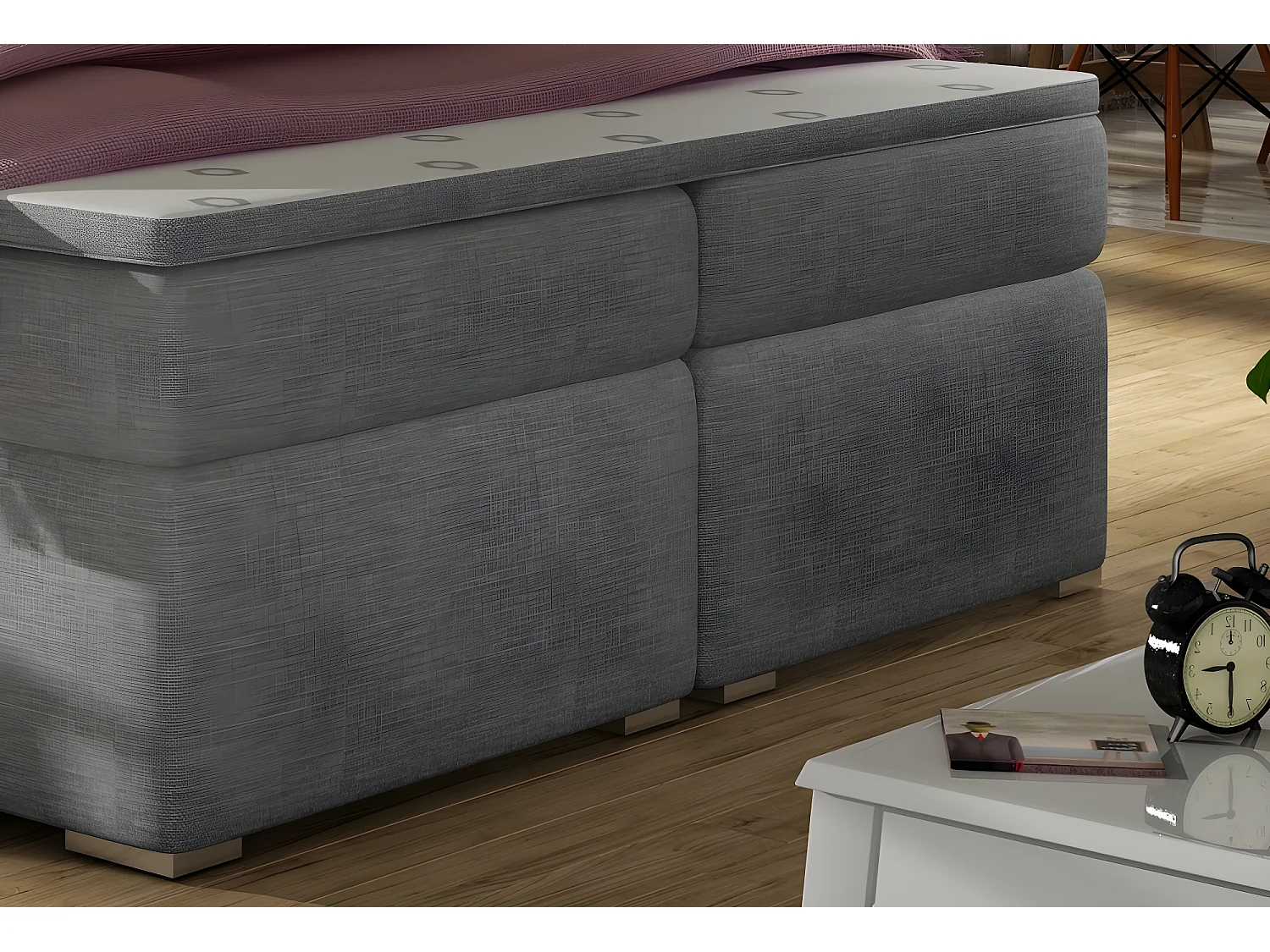 Ensemble boxspring complet tête de lit + sommiers + matelas + surmatelas ALVEN - tissu luxe gris - 160x200 cm