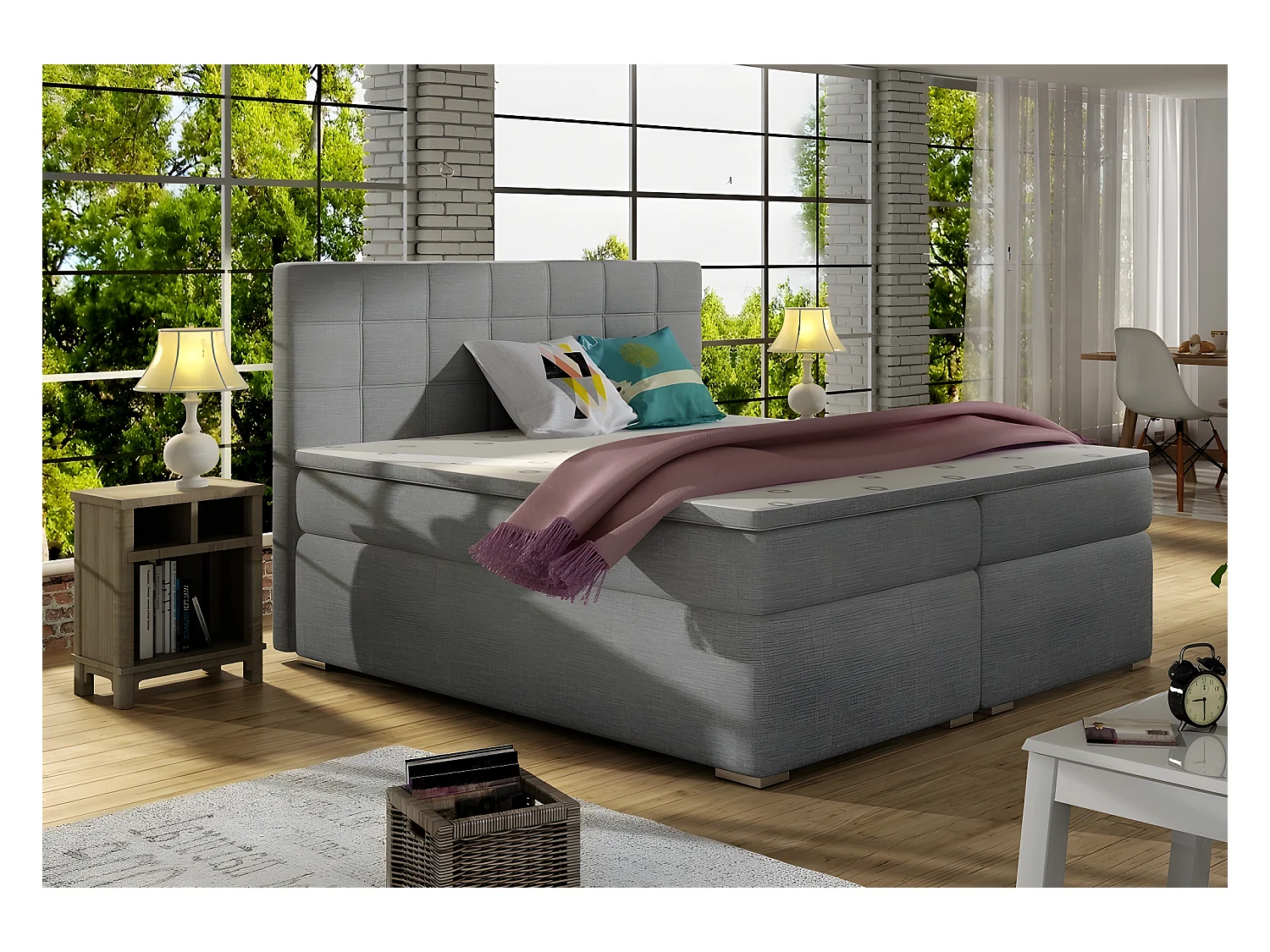 Ensemble boxspring complet tête de lit + sommiers + matelas + surmatelas ALVEN - tissu luxe gris - 160x200 cm