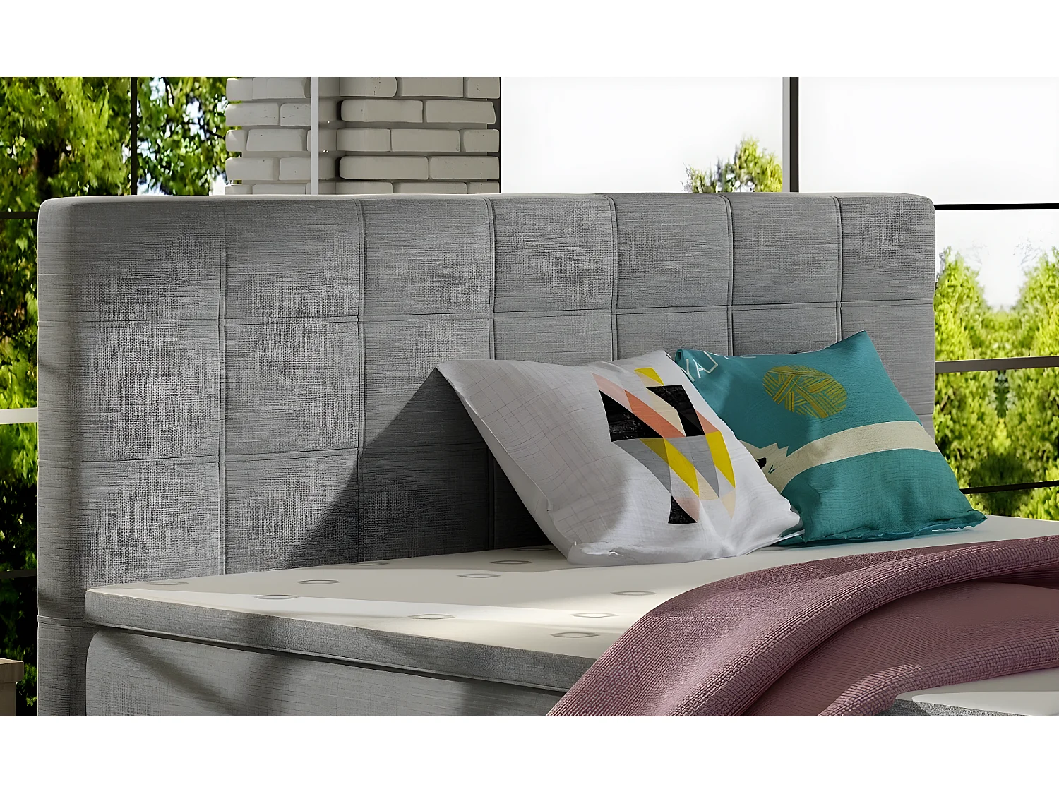 Ensemble boxspring complet tête de lit + sommiers + matelas + surmatelas ALVEN - tissu luxe gris - 140x200 cm