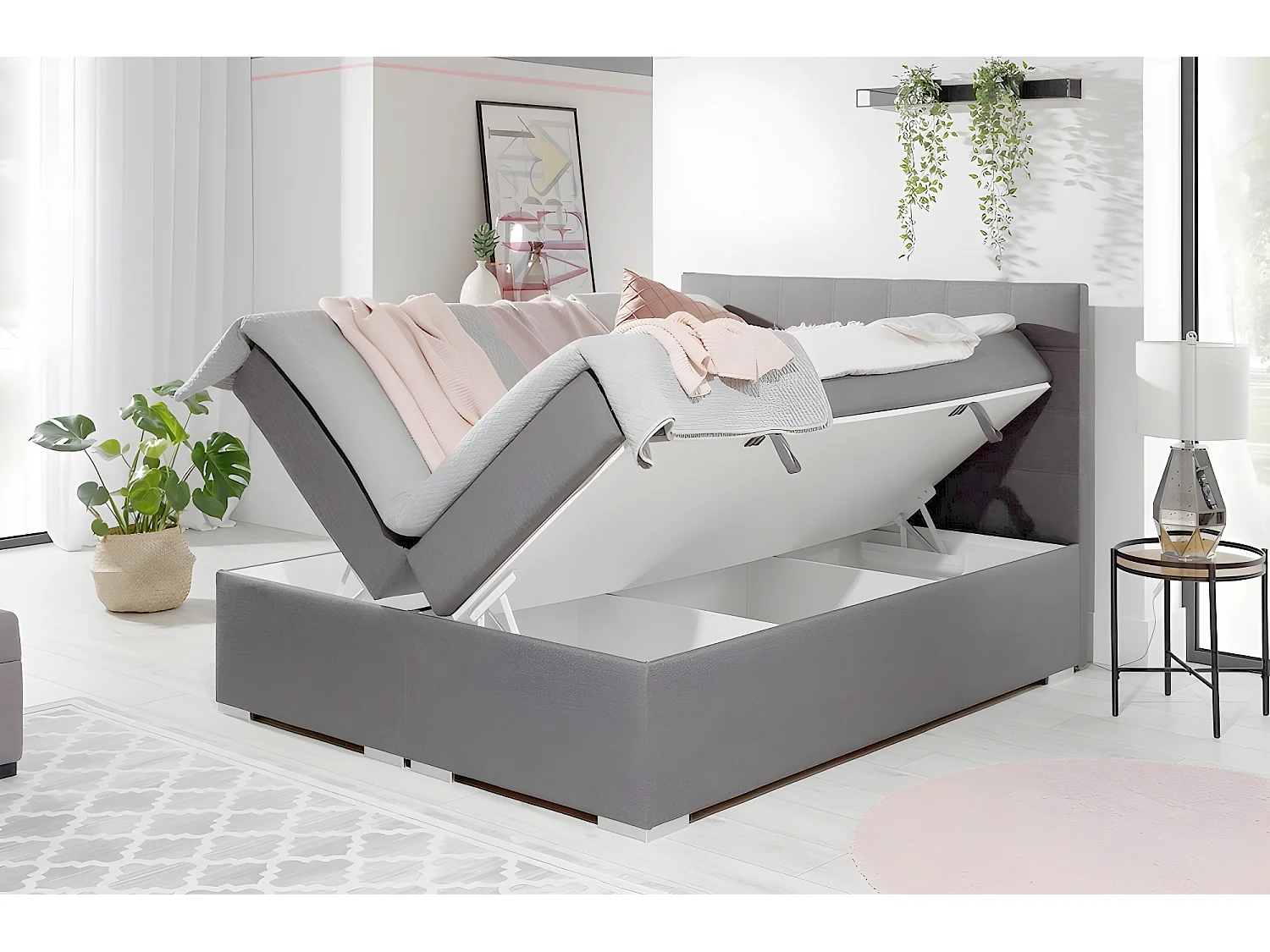 Ensemble boxspring complet tête de lit + sommiers + matelas + surmatelas ALVEN - tissu luxe gris - 140x200 cm