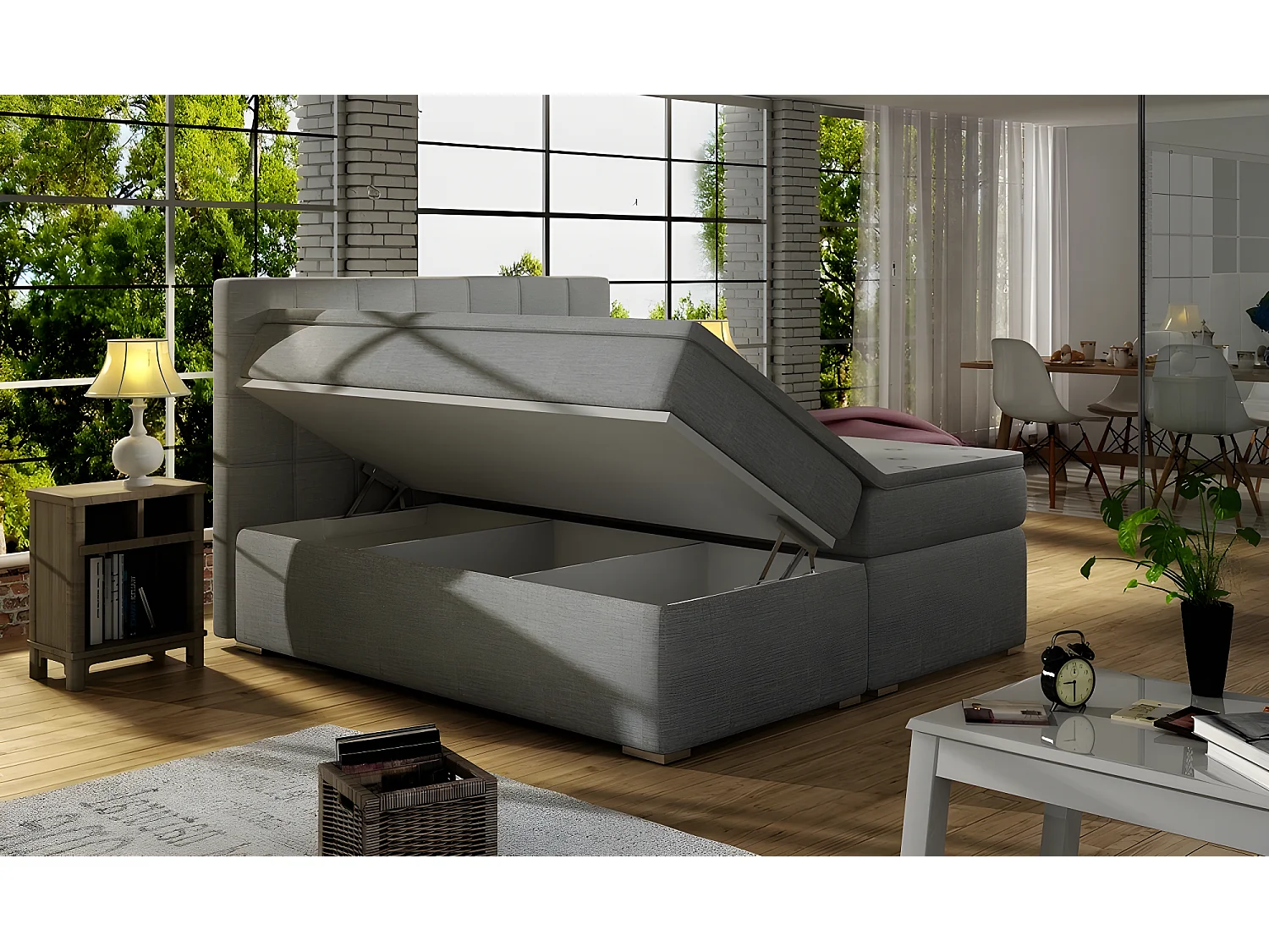 Ensemble boxspring complet tête de lit + sommiers + matelas + surmatelas ALVEN - tissu luxe gris - 140x200 cm
