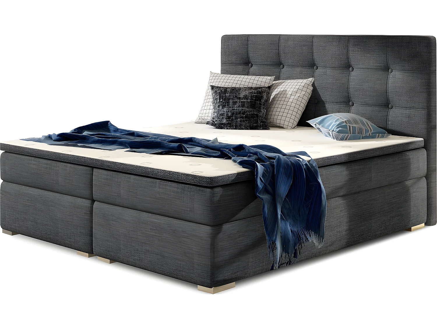 Ensemble boxspring complet tête de lit + sommiers + matelas + surmatelas INAYA de VENESETTI - tissu luxe gris foncé - 140x200 cm