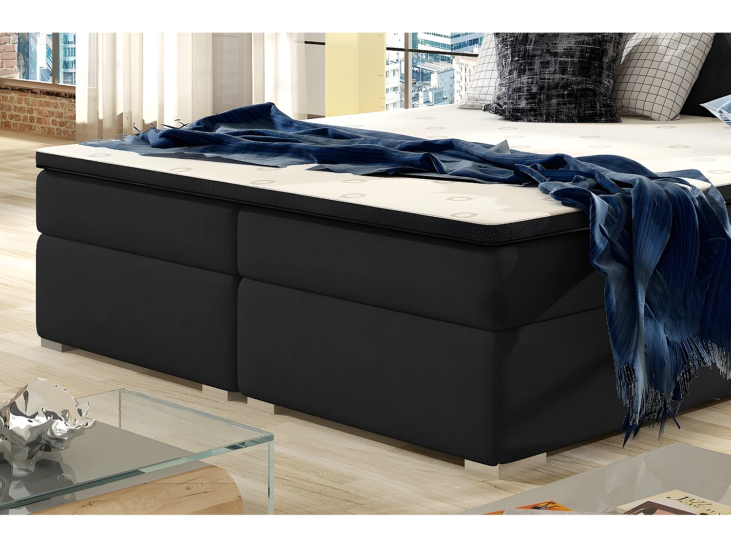 Ensemble boxspring complet tête de lit + sommiers + matelas + surmatelas INAYA de VENESETTI - tissu luxe noir - 140x200 cm