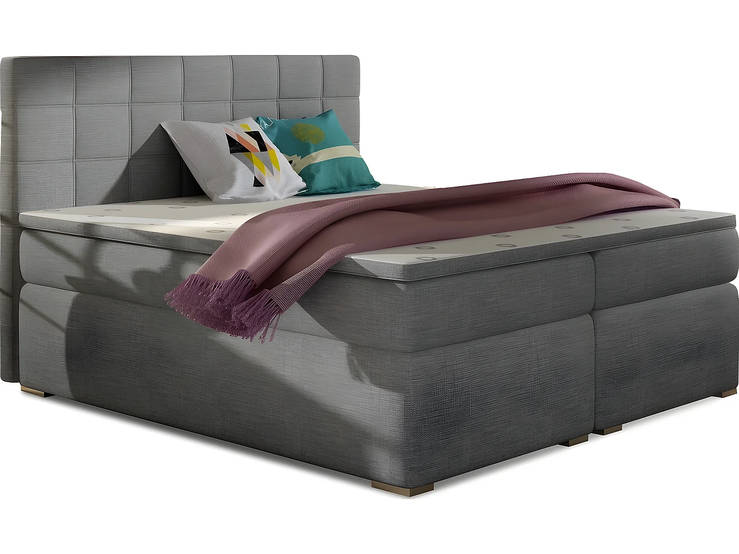 Ensemble boxspring complet tête de lit + sommiers + matelas + surmatelas ALVEN - tissu luxe gris 180x200 cm