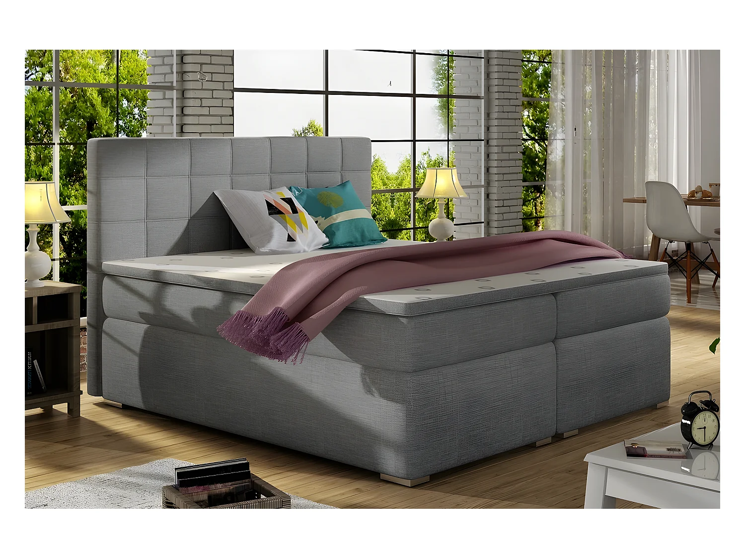 Ensemble boxspring complet tête de lit + sommiers + matelas + surmatelas ALVEN - tissu luxe gris 180x200 cm