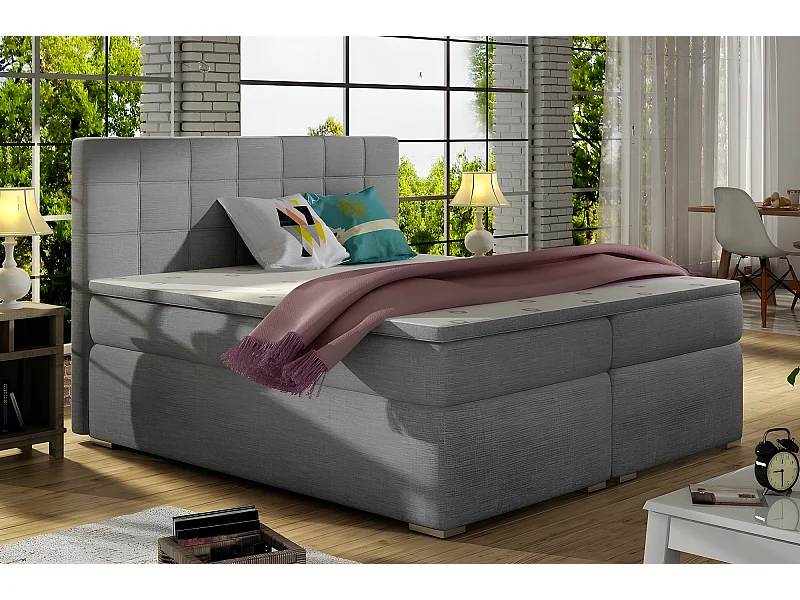 Ensemble boxspring complet tête de lit + sommiers + matelas + surmatelas ALVEN - tissu luxe gris 180x200 cm