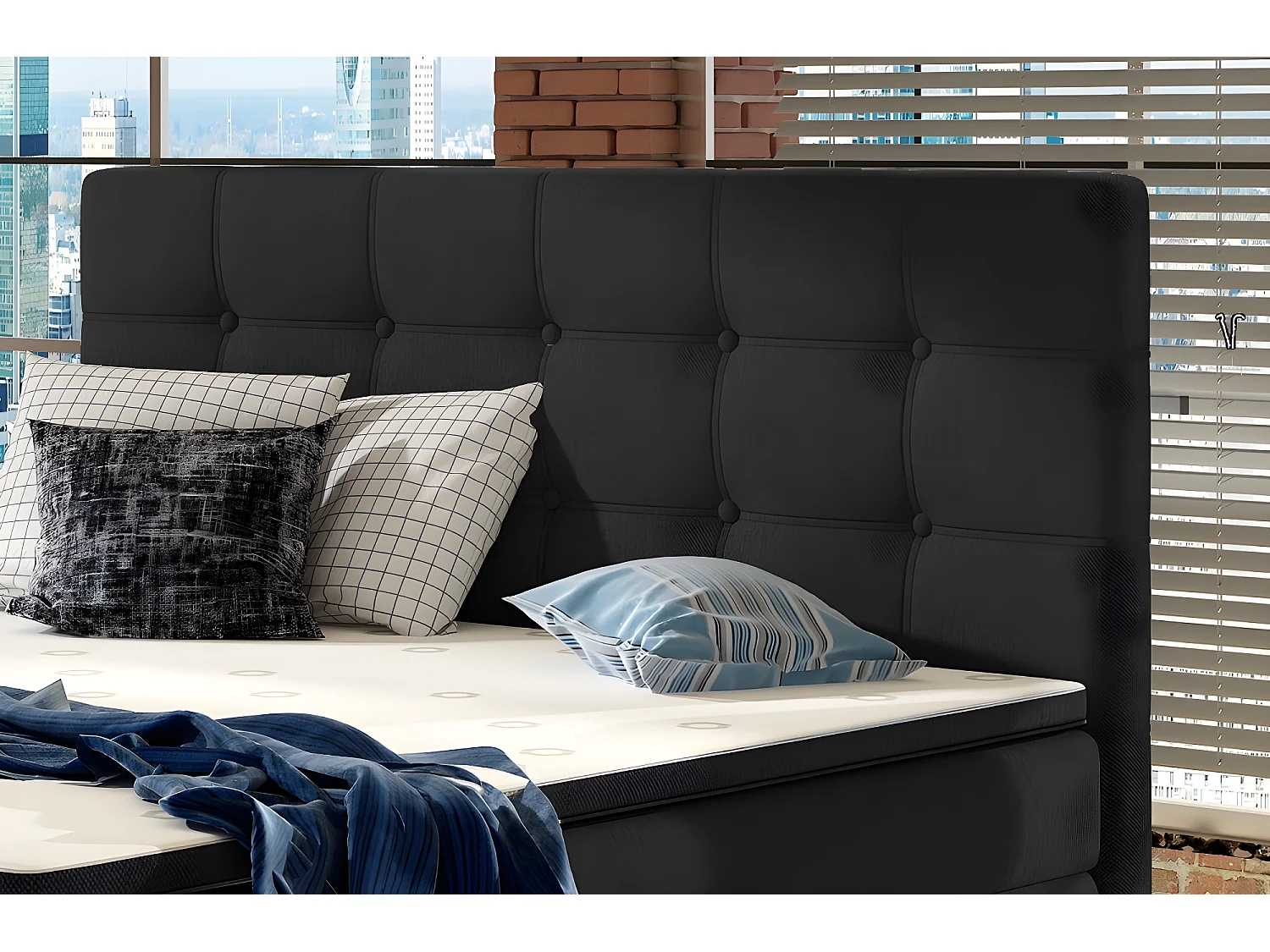 Ensemble boxspring complet tête de lit + sommiers + matelas + surmatelas INAYA de VENESETTI - tissu luxe noir - 160x200 cm