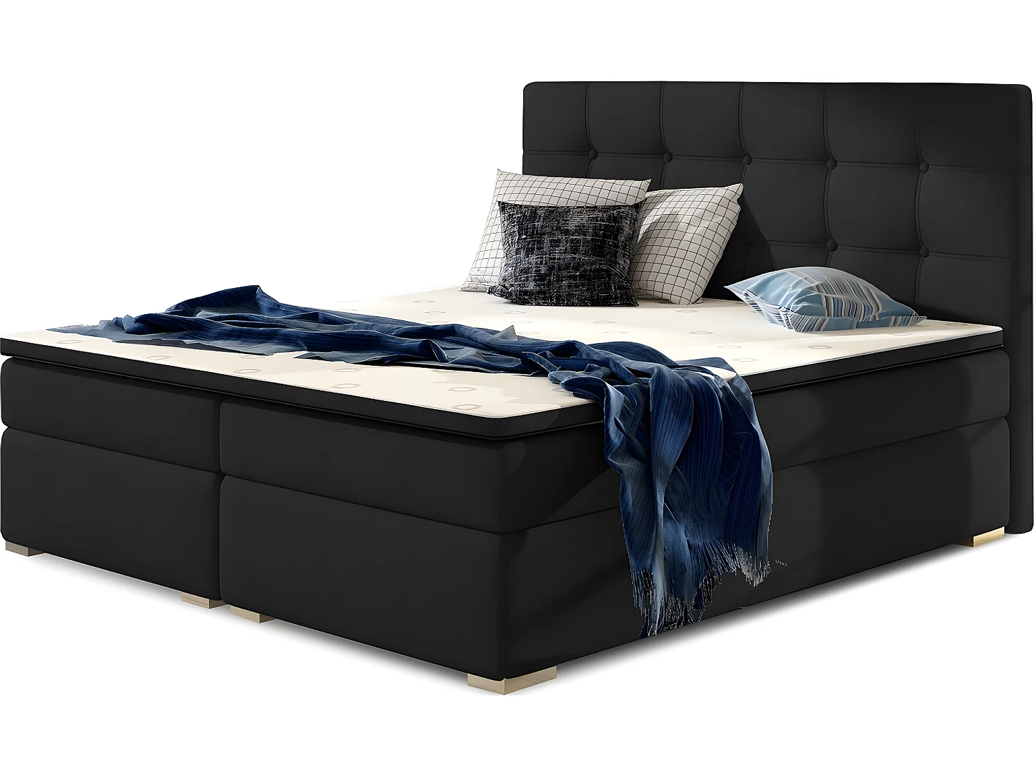 Ensemble boxspring complet tête de lit + sommiers + matelas + surmatelas INAYA de VENESETTI - tissu luxe noir - 160x200 cm