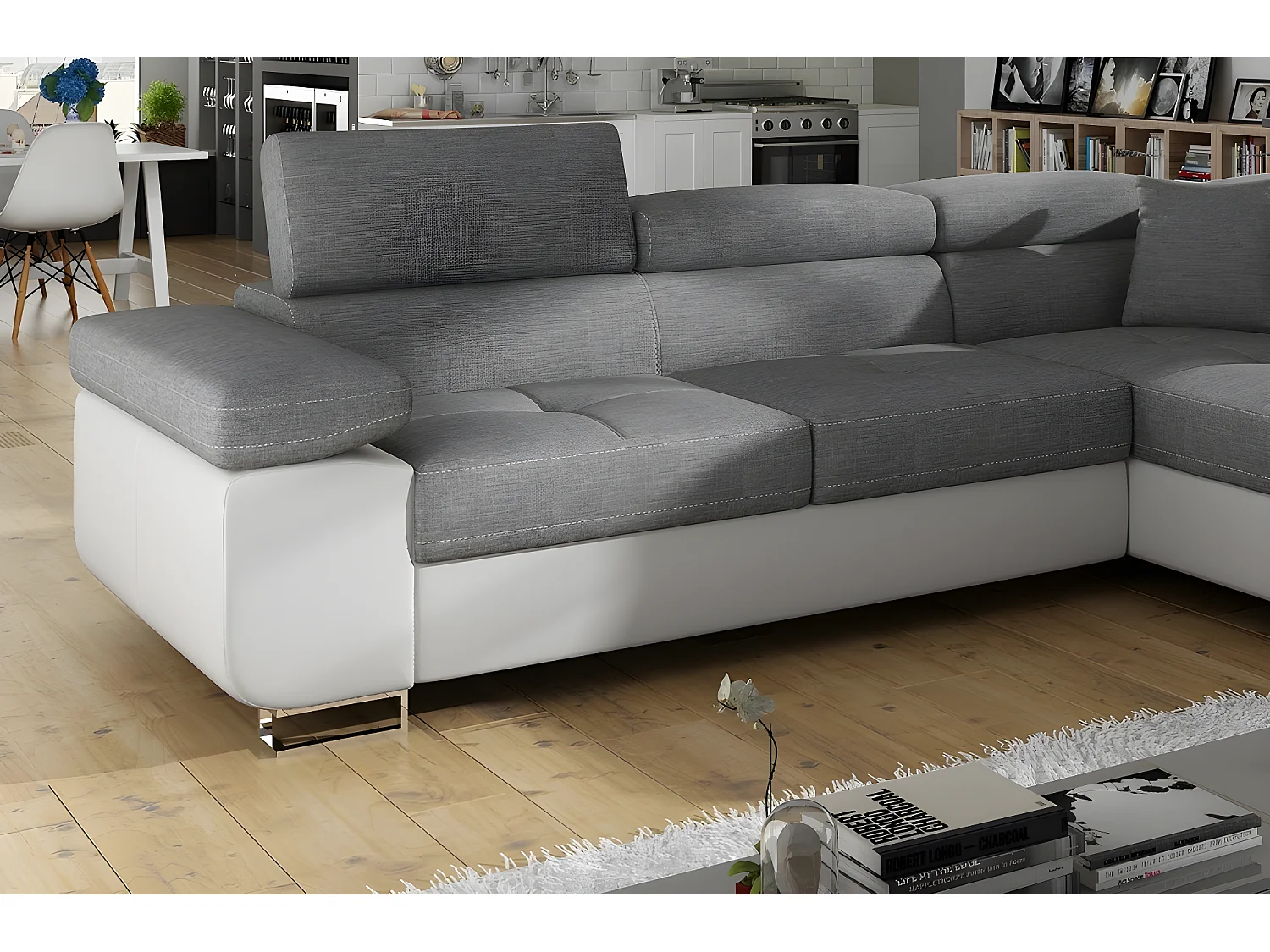 Canapé d'angle convertible en tissu luxe et simili cuir 5 places, coffre, gris / blanc cassé, angle droit (vu de face), ANNECY MIX