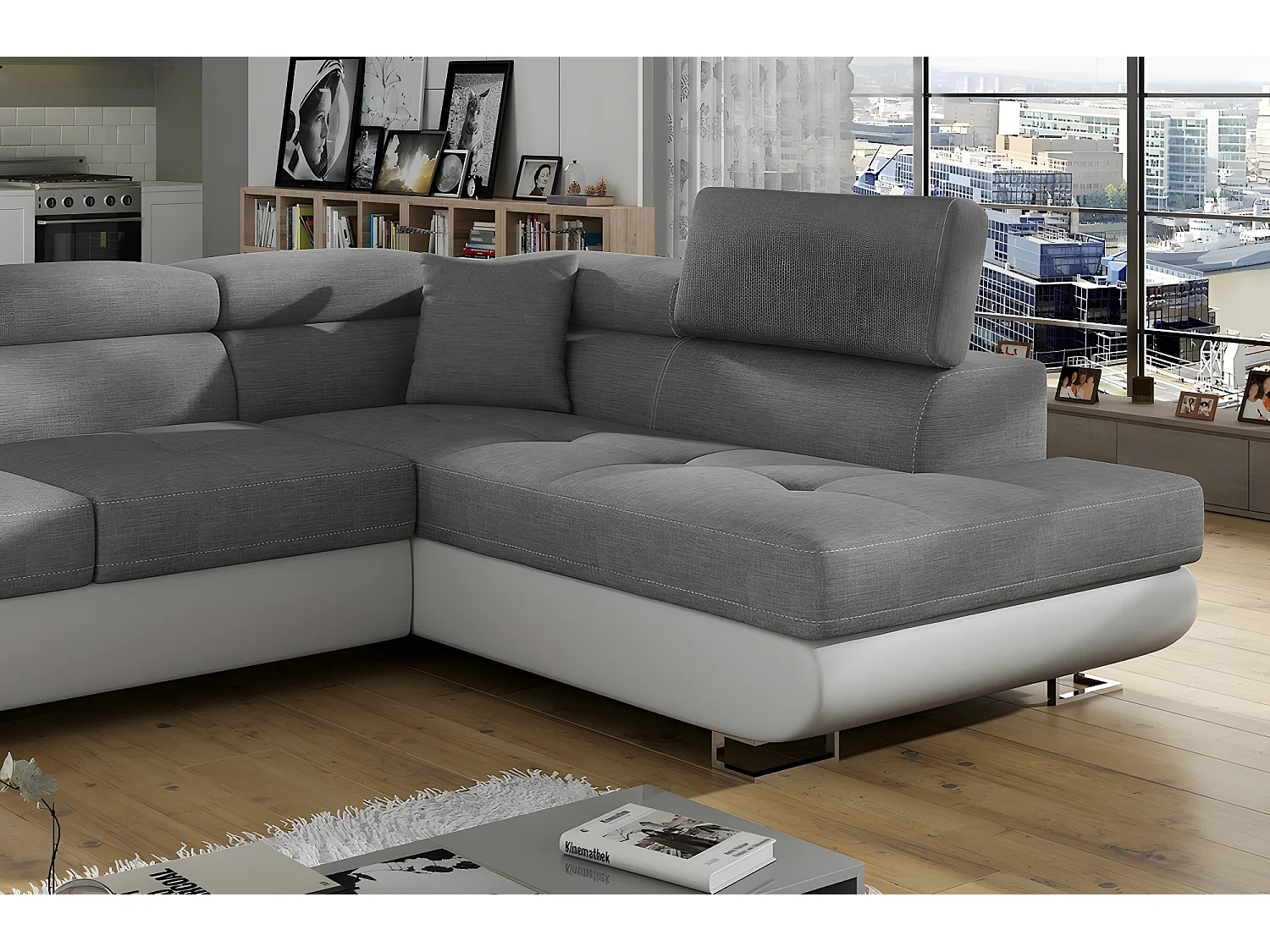 Canapé d'angle convertible en tissu luxe et simili cuir 5 places, coffre, gris / blanc cassé, angle droit (vu de face), ANNECY MIX