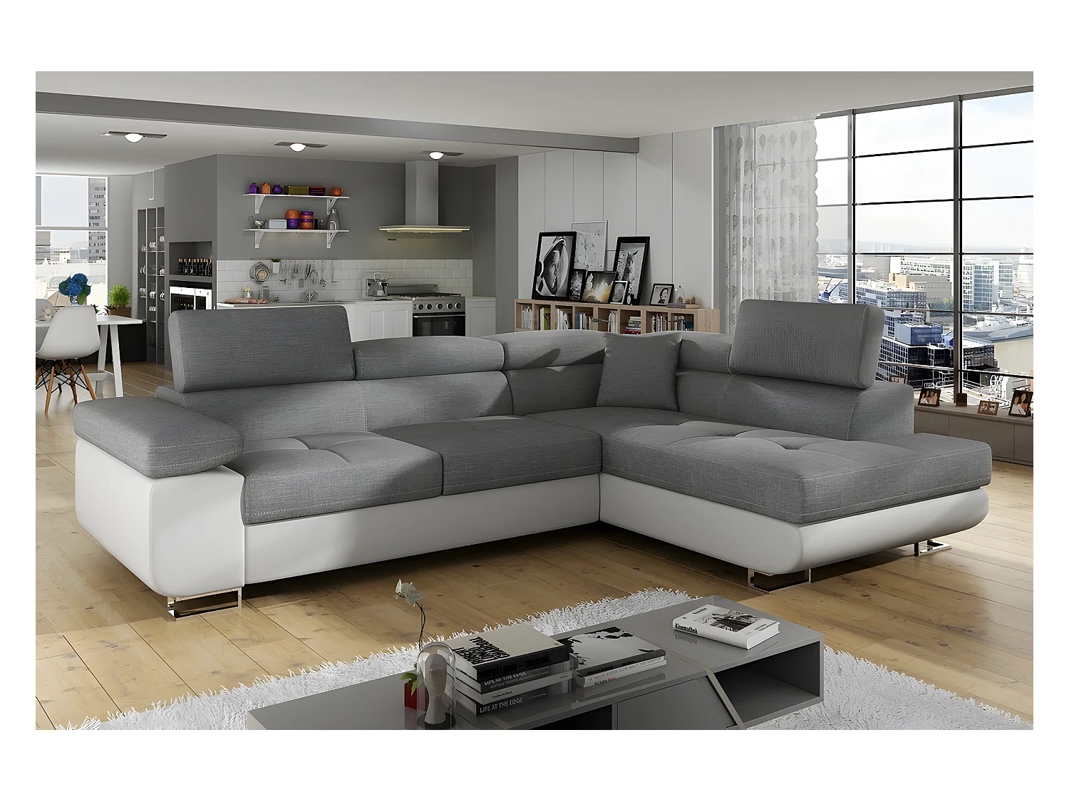 Canapé d'angle convertible en tissu luxe et simili cuir 5 places, coffre, gris / blanc cassé, angle droit (vu de face), ANNECY MIX