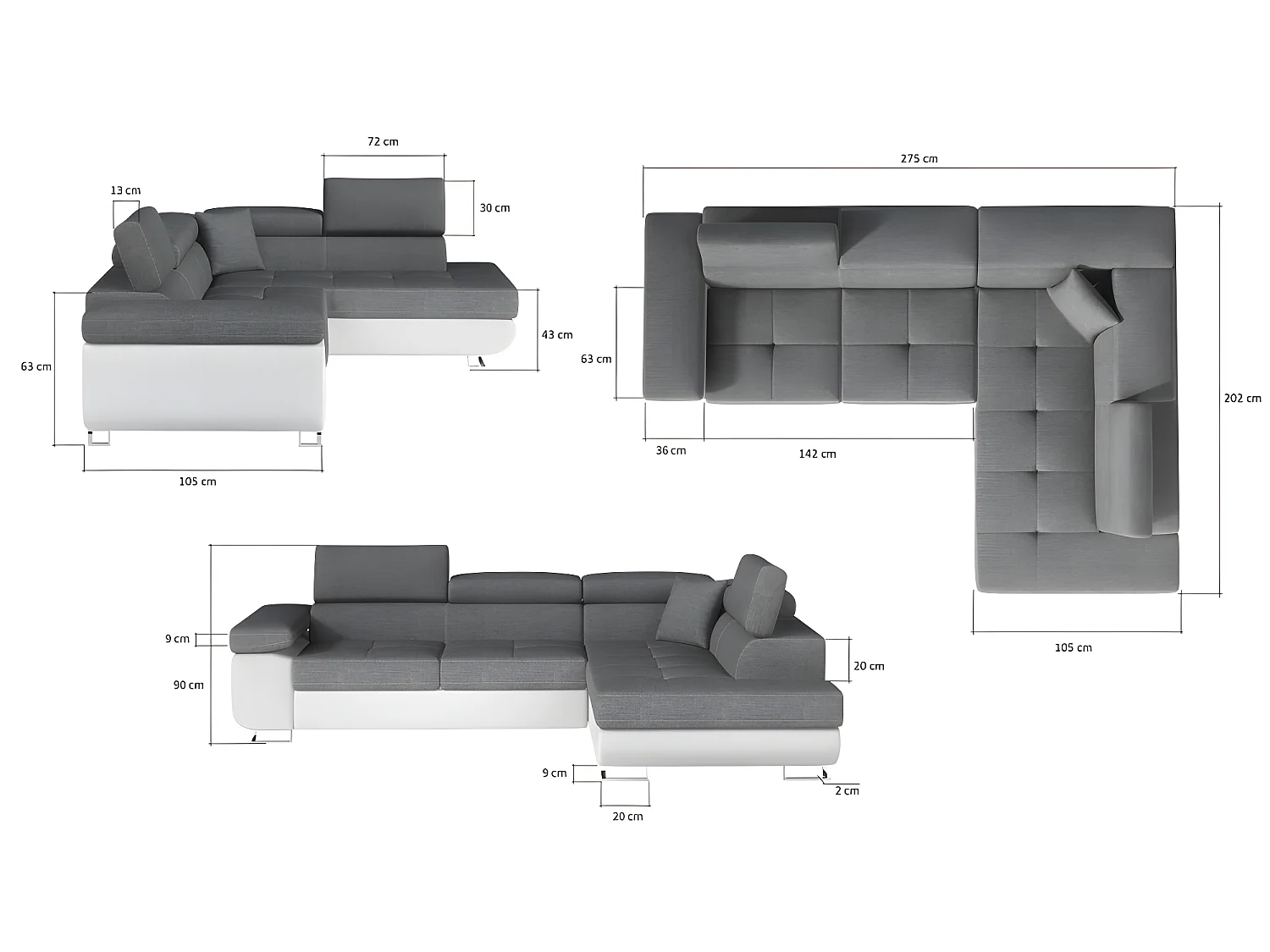 Canapé d'angle convertible en tissu luxe et simili cuir 5 places, coffre, gris / blanc cassé, angle droit (vu de face), ANNECY MIX