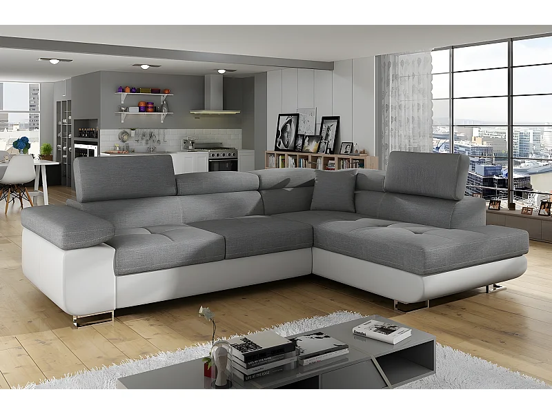Canapé d'angle convertible en tissu luxe et simili cuir 5 places, coffre, gris / blanc cassé, angle droit (vu de face), ANNECY MIX