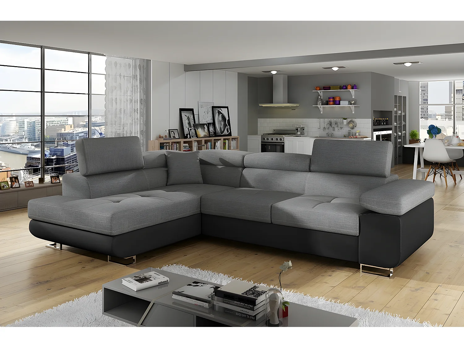 Canapé d'angle convertible en tissu luxe et simili cuir 5 places, coffre, gris / noir, angle gauche (vu de face), ANNECY MIX