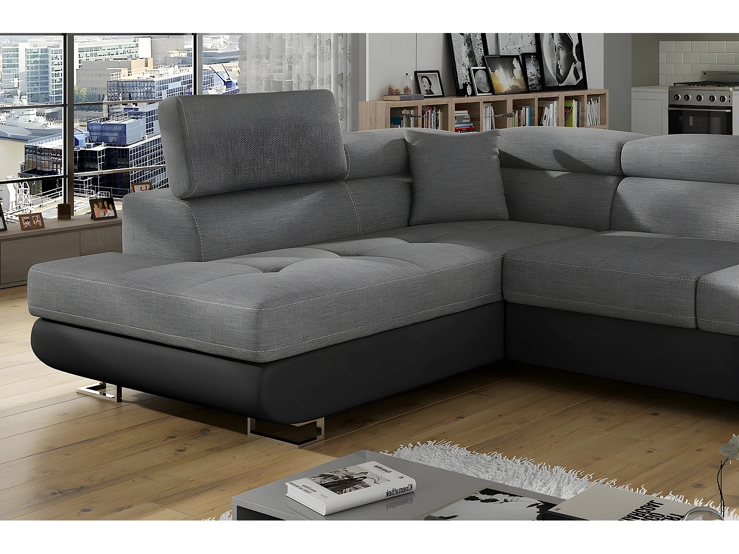 Canapé d'angle convertible en tissu luxe et simili cuir 5 places, coffre, gris / noir, angle gauche (vu de face), ANNECY MIX