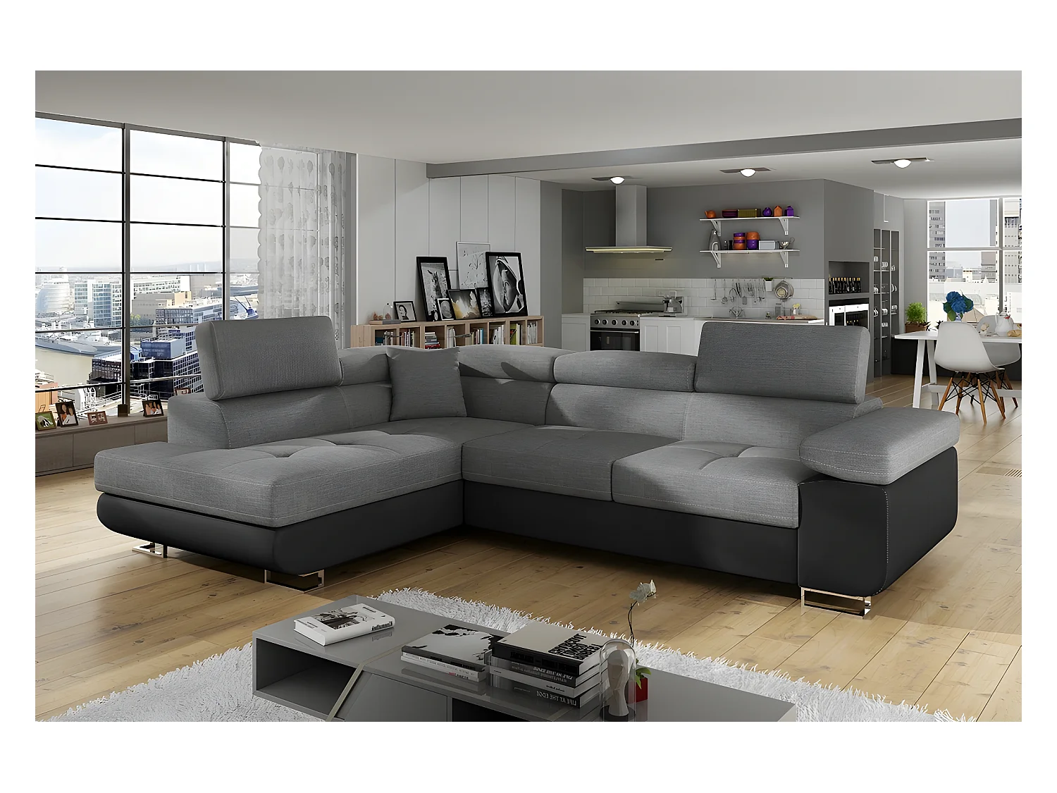 Canapé d'angle convertible en tissu luxe et simili cuir 5 places, coffre, gris / noir, angle gauche (vu de face), ANNECY MIX
