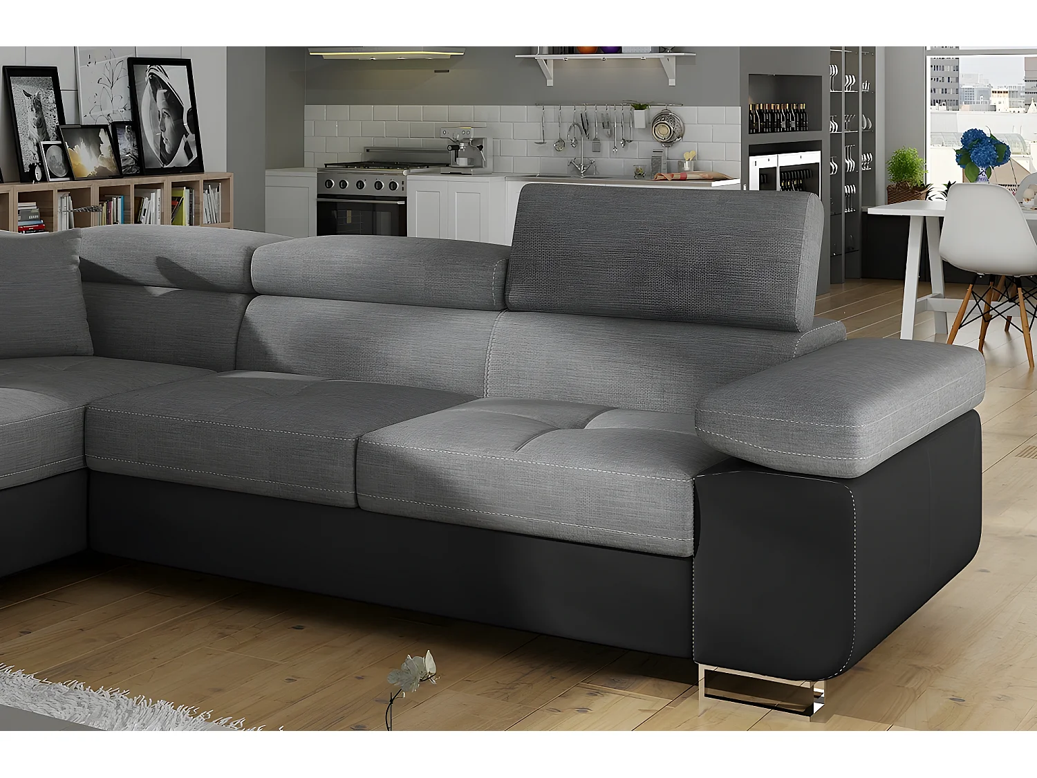 Canapé d'angle convertible en tissu luxe et simili cuir 5 places, coffre, gris / noir, angle gauche (vu de face), ANNECY MIX