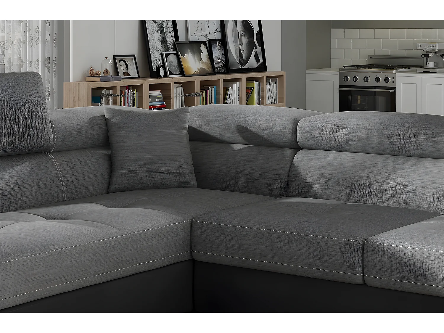 Canapé d'angle convertible en tissu luxe et simili cuir 5 places, coffre, gris / noir, angle gauche (vu de face), ANNECY MIX