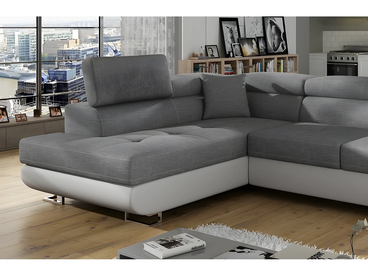 Canapé d'angle convertible en tissu luxe et simili cuir 5 places, coffre, gris / blanc cassé, angle gauche (vu de face), ANNECY MIX