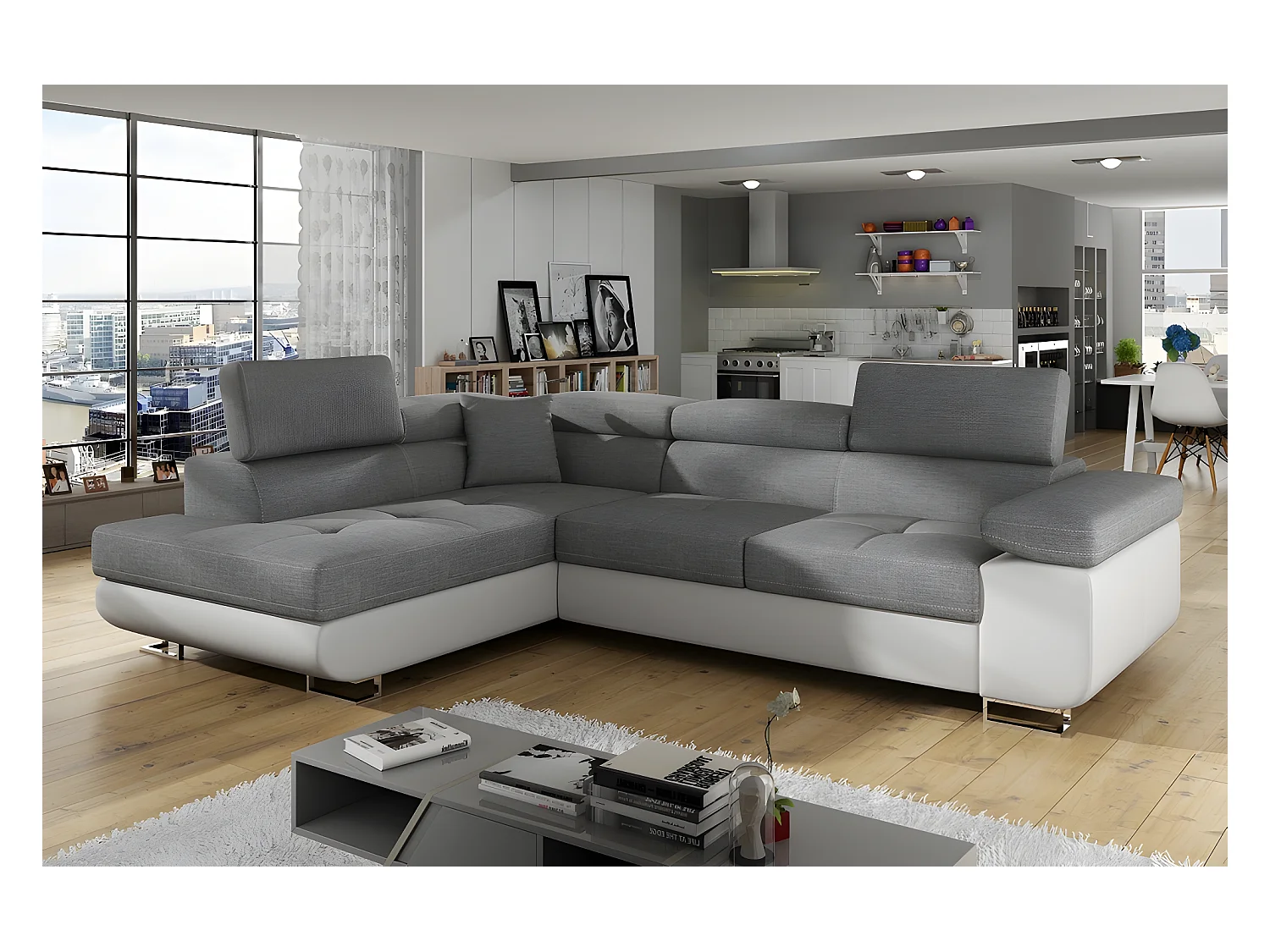 Canapé d'angle convertible en tissu luxe et simili cuir 5 places, coffre, gris / blanc cassé, angle gauche (vu de face), ANNECY MIX