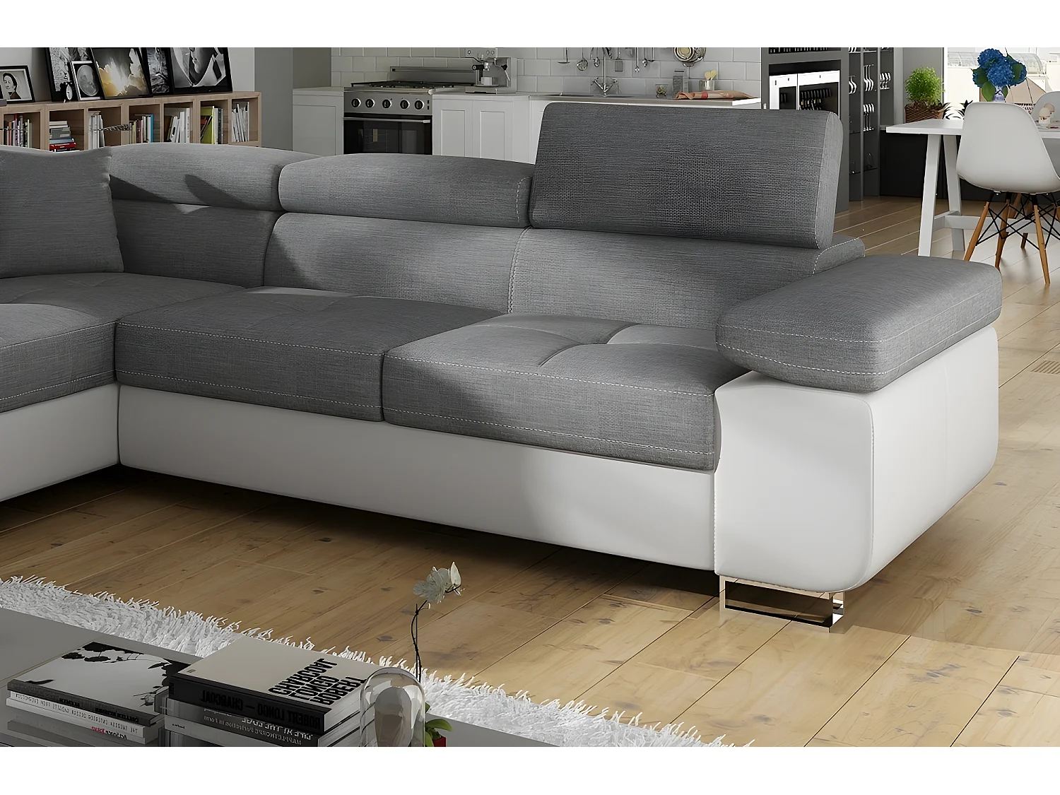 Canapé d'angle convertible en tissu luxe et simili cuir 5 places, coffre, gris / blanc cassé, angle gauche (vu de face), ANNECY MIX